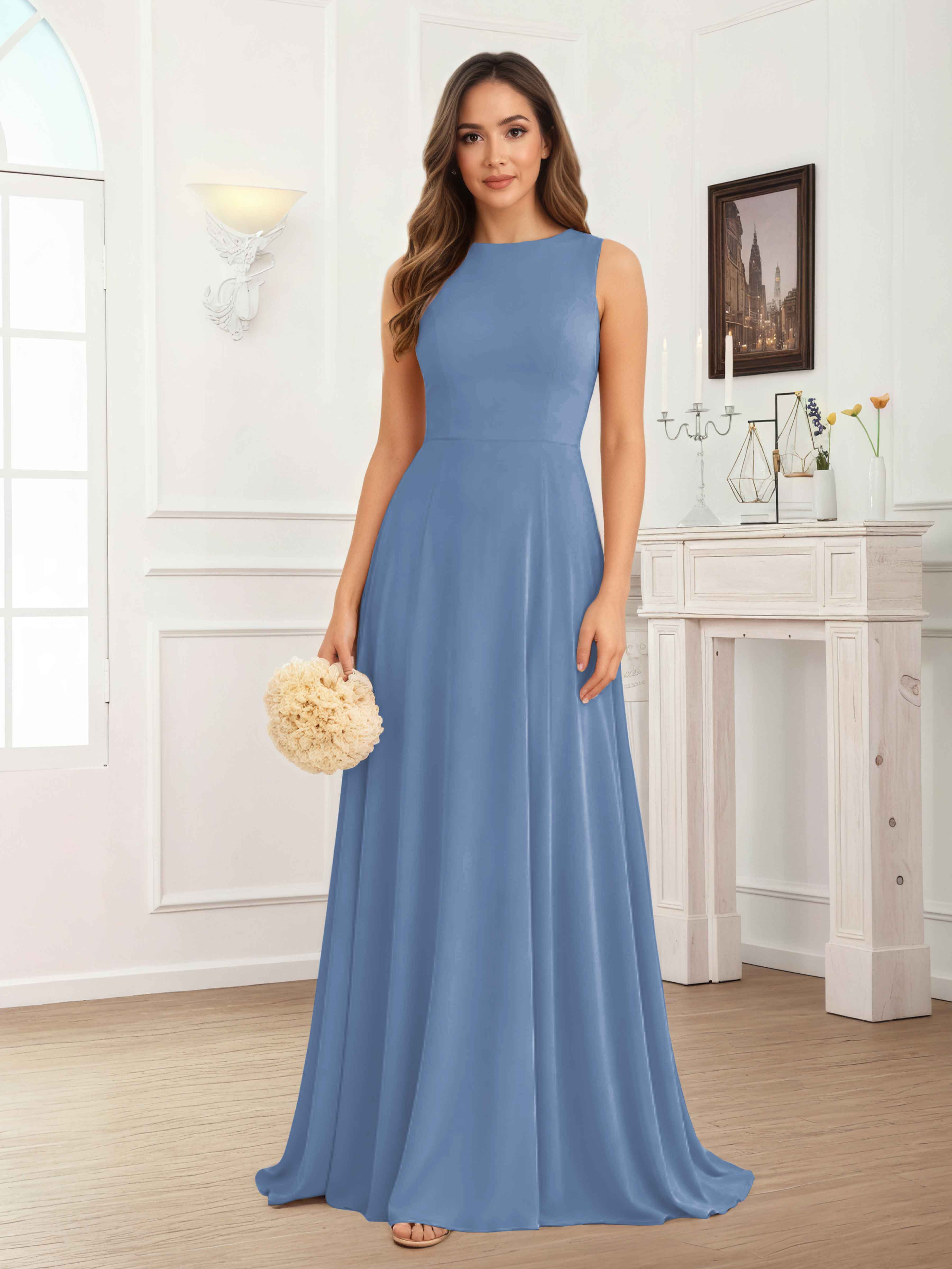 Fraelithra Modest Scoop A-Line Sleeveless Long Bridesmaid Dresses