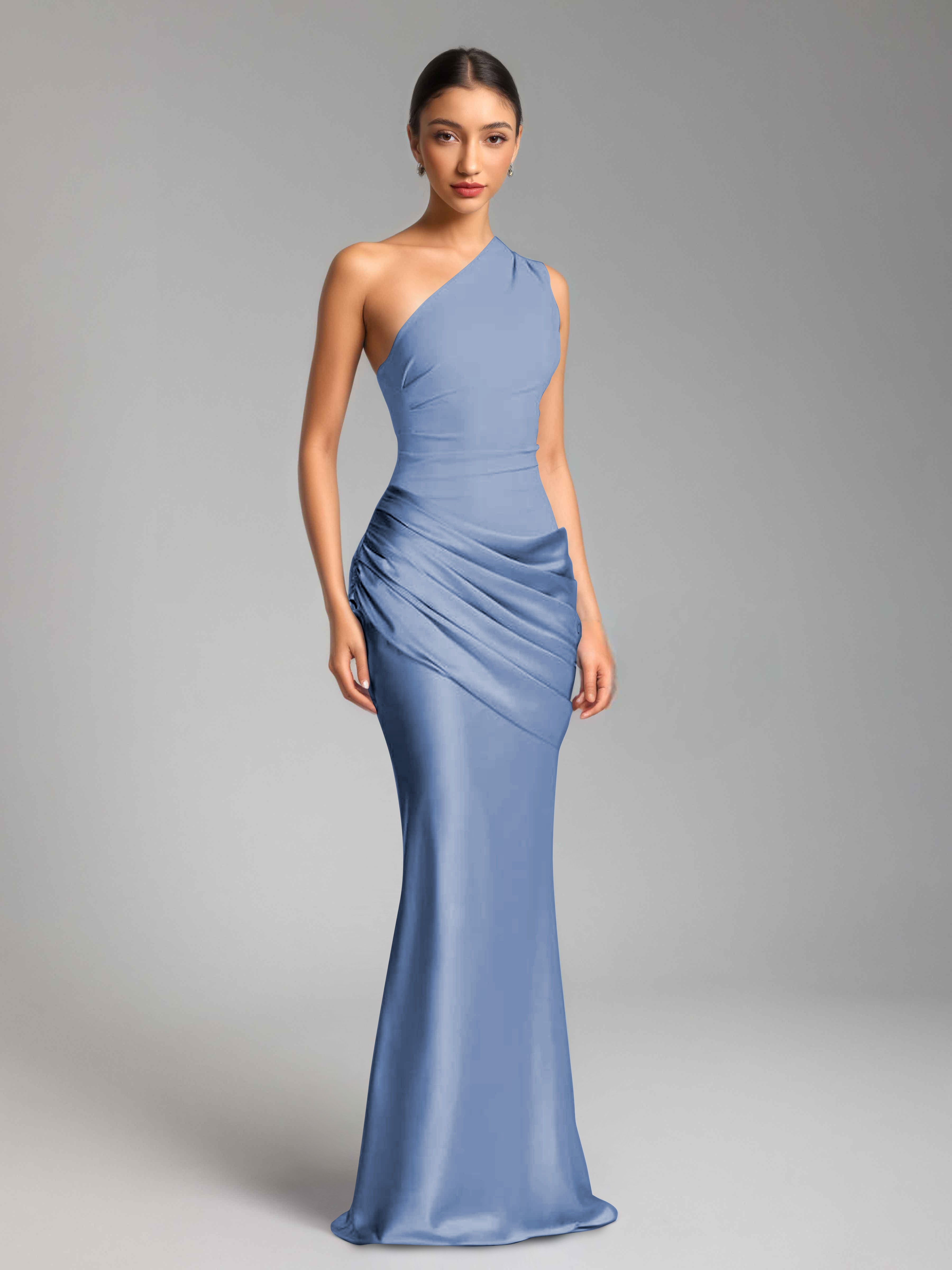 Jaelithra Gorgeous One Shoulder Pleated Satin Long Prom Dresses