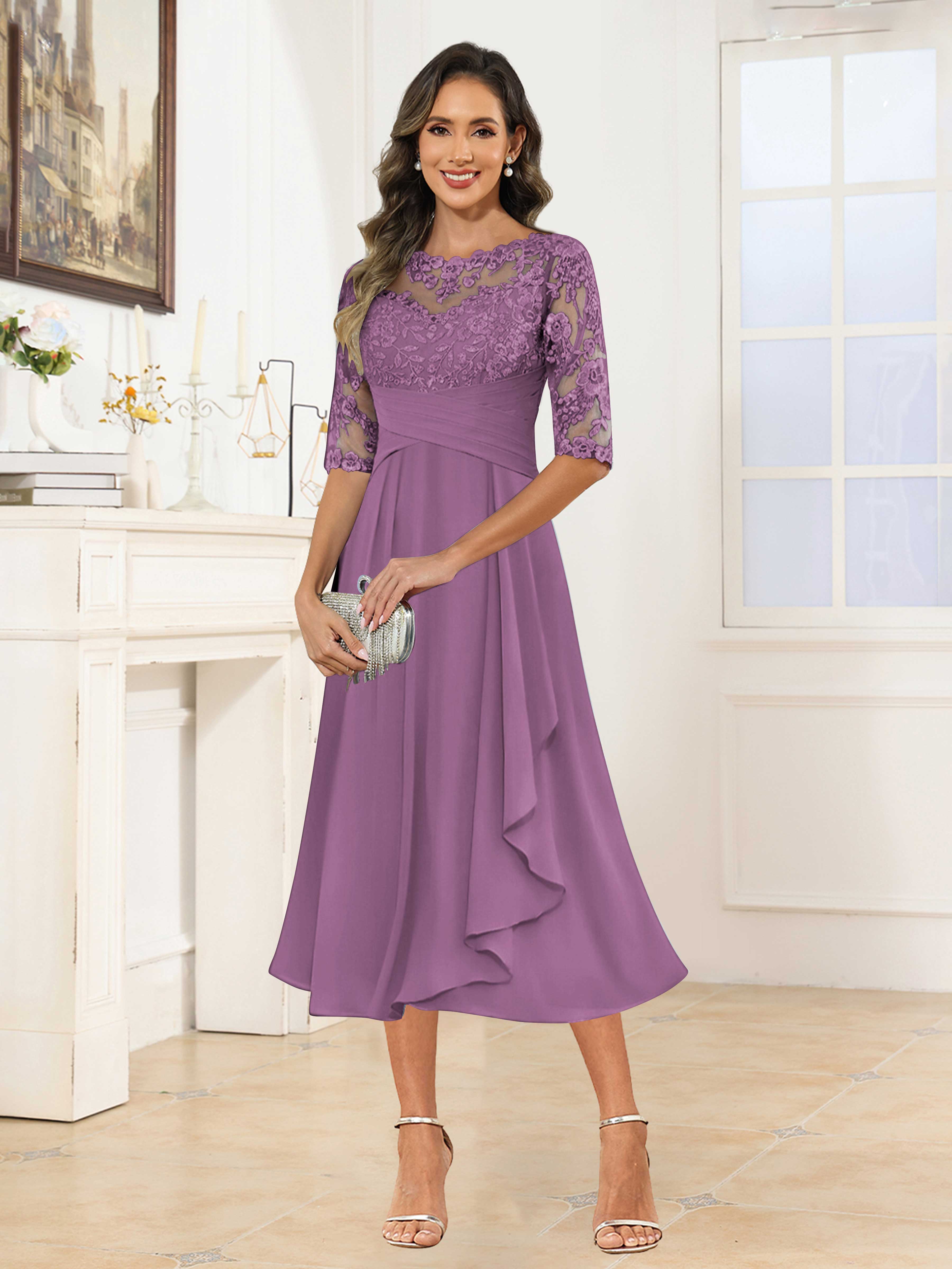 Traelithra Charming Illusion Ruffles Lace Tea Length Chiffon Mother of the Bride Dresses