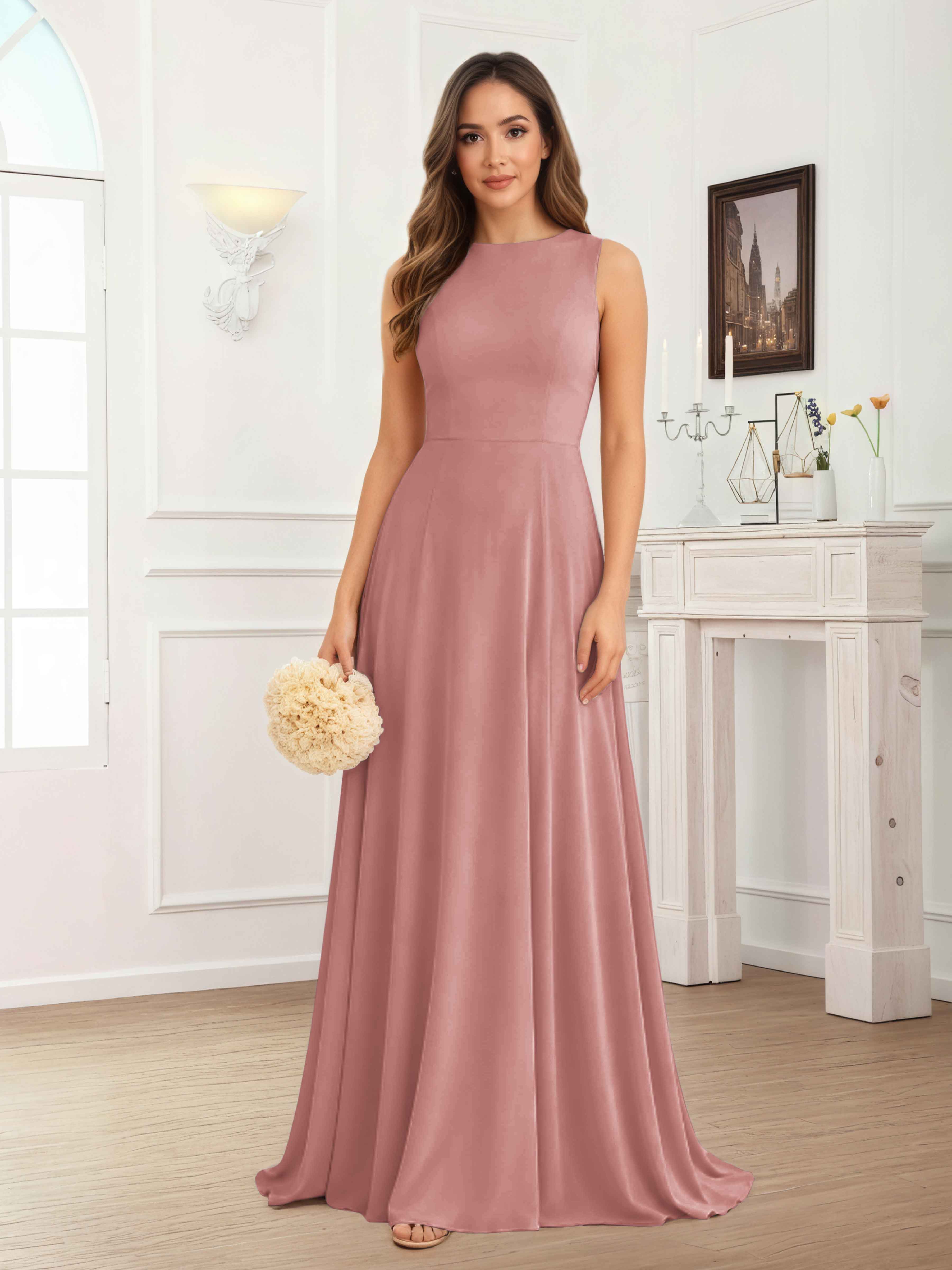Fraelithra Modest Scoop A-Line Sleeveless Long Bridesmaid Dresses