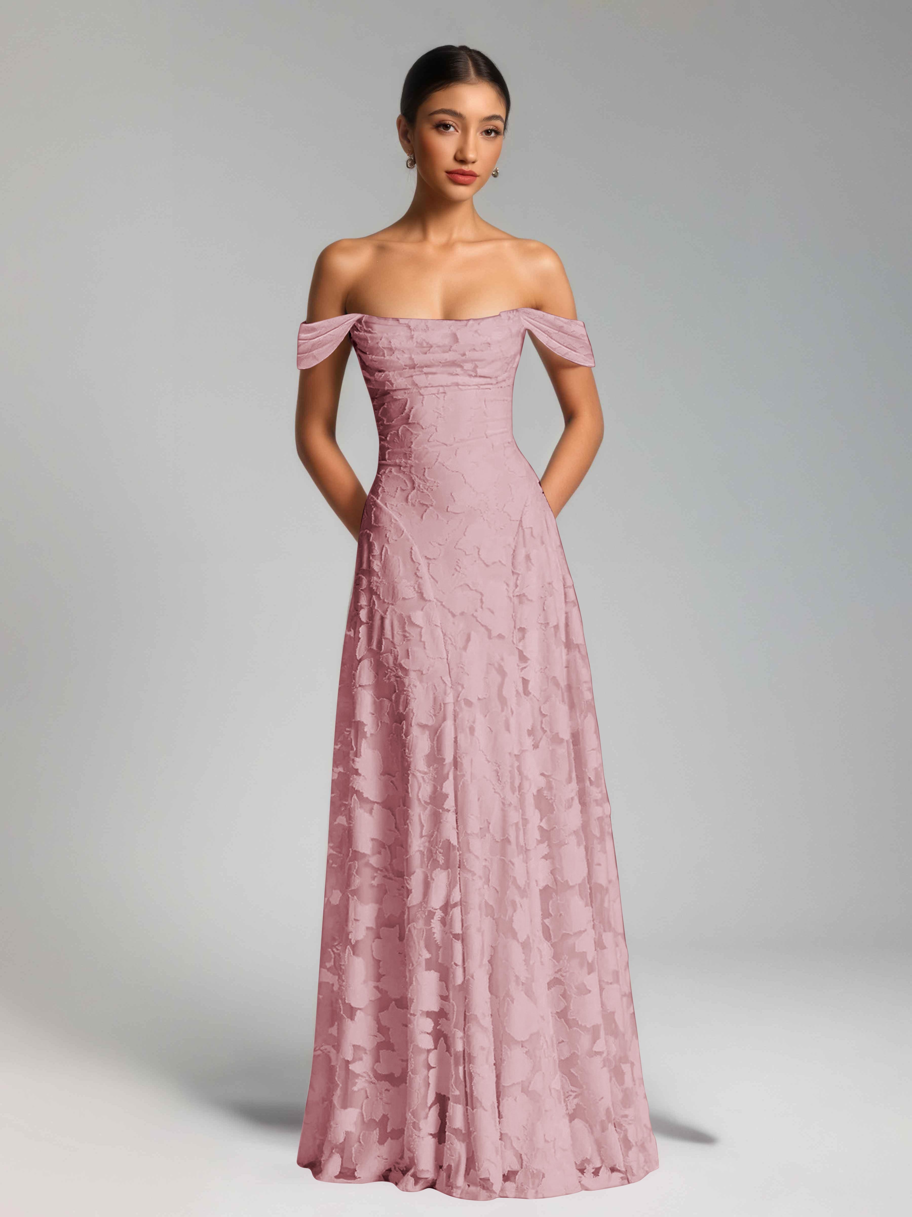 Oraelithra Charming A-Line Off the Shoulder Long Jacquard Bridesmaid Dresses
