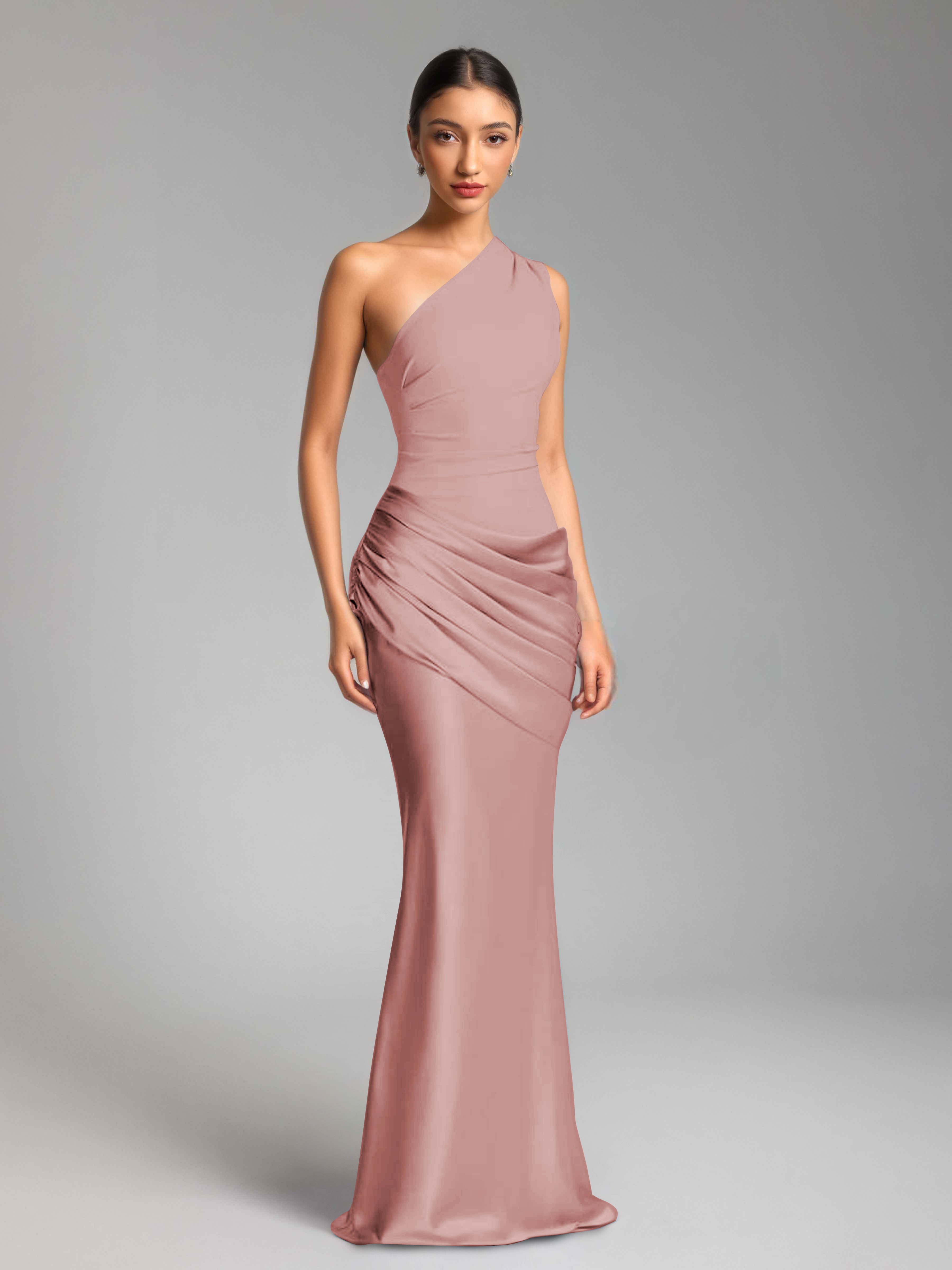 Jaelithra Gorgeous One Shoulder Pleated Satin Long Prom Dresses