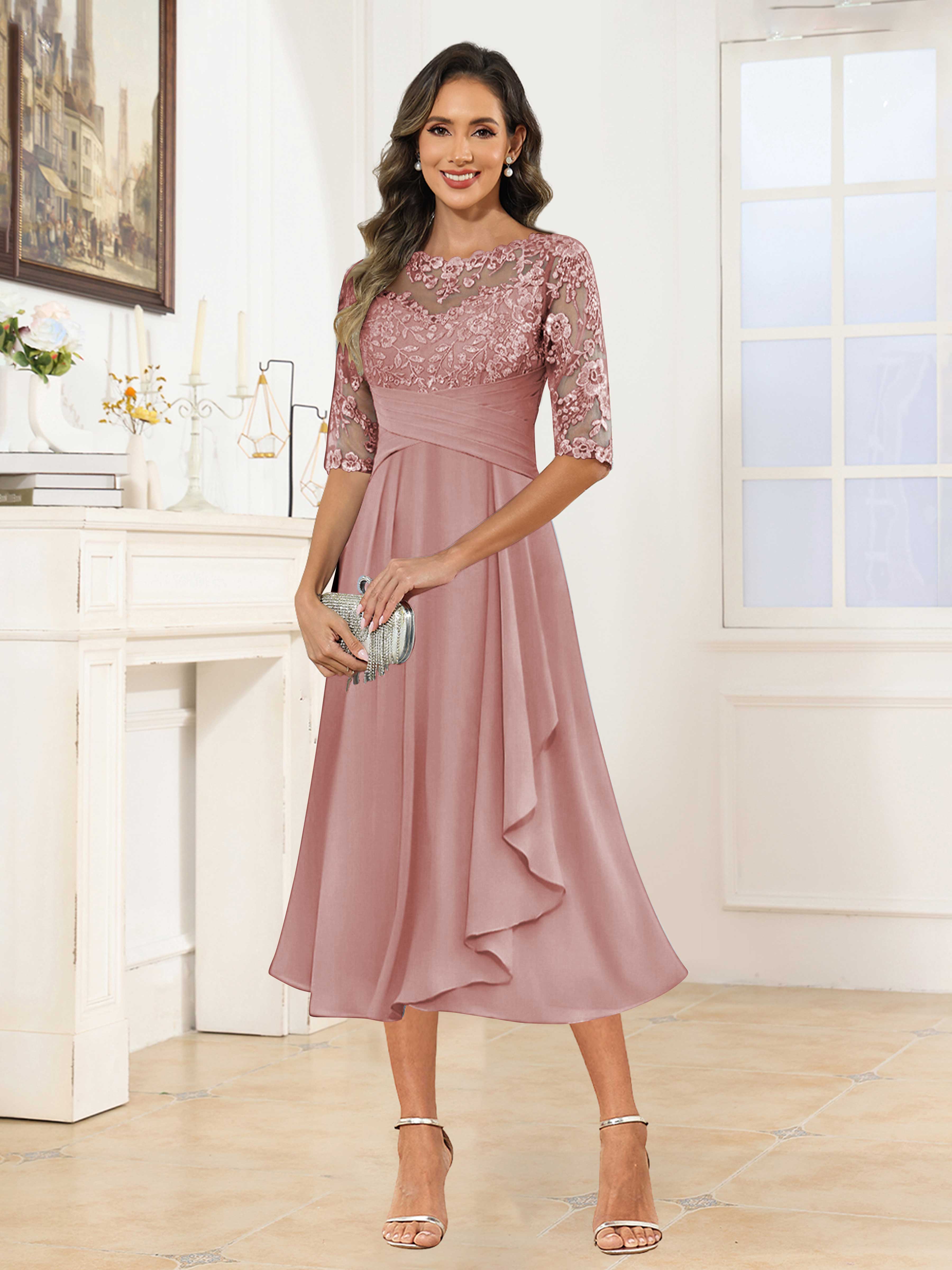 Traelithra Charming Illusion Ruffles Lace Tea Length Chiffon Mother of the Bride Dresses