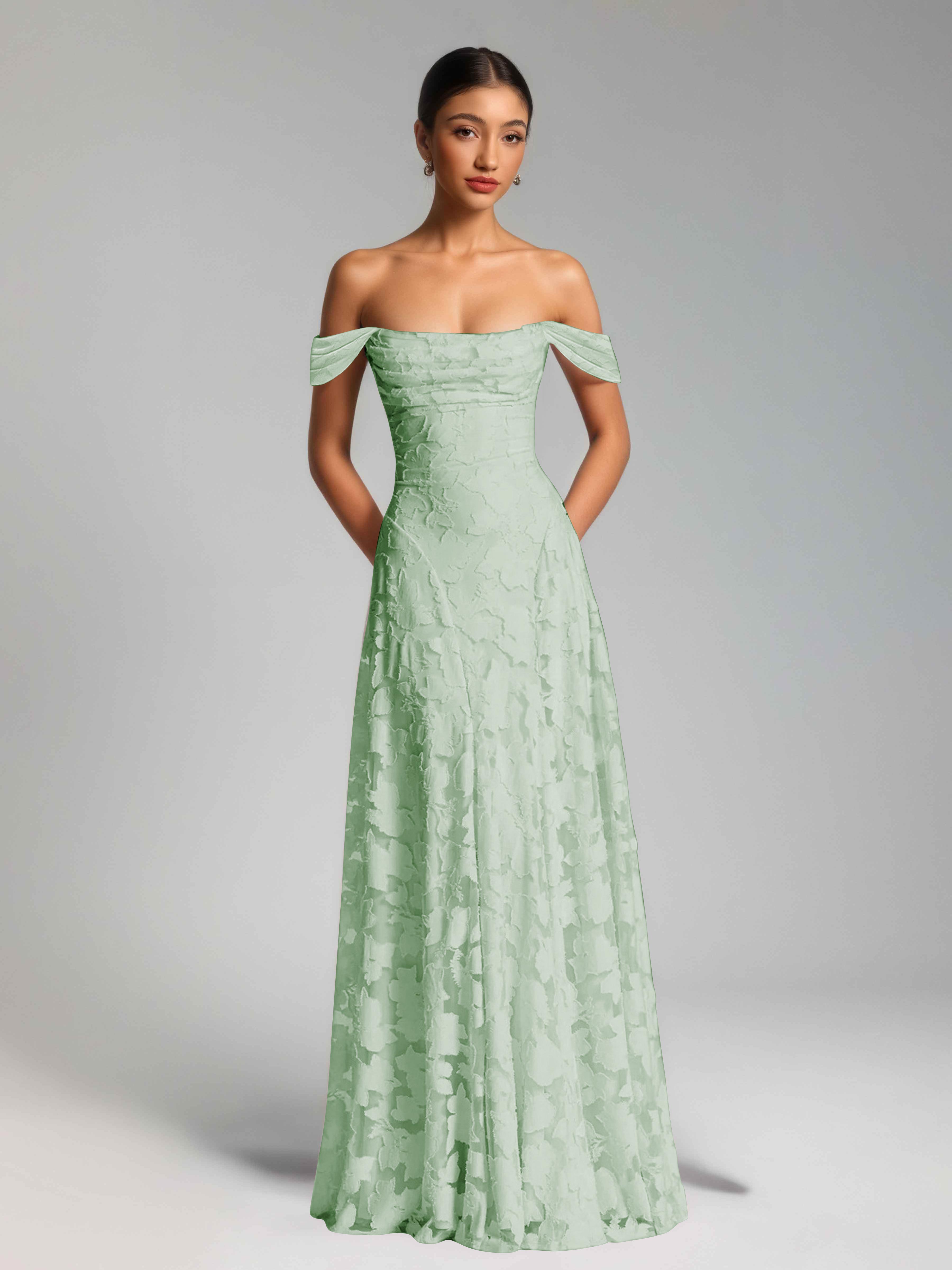 Oraelithra Charming A-Line Off the Shoulder Long Jacquard Bridesmaid Dresses