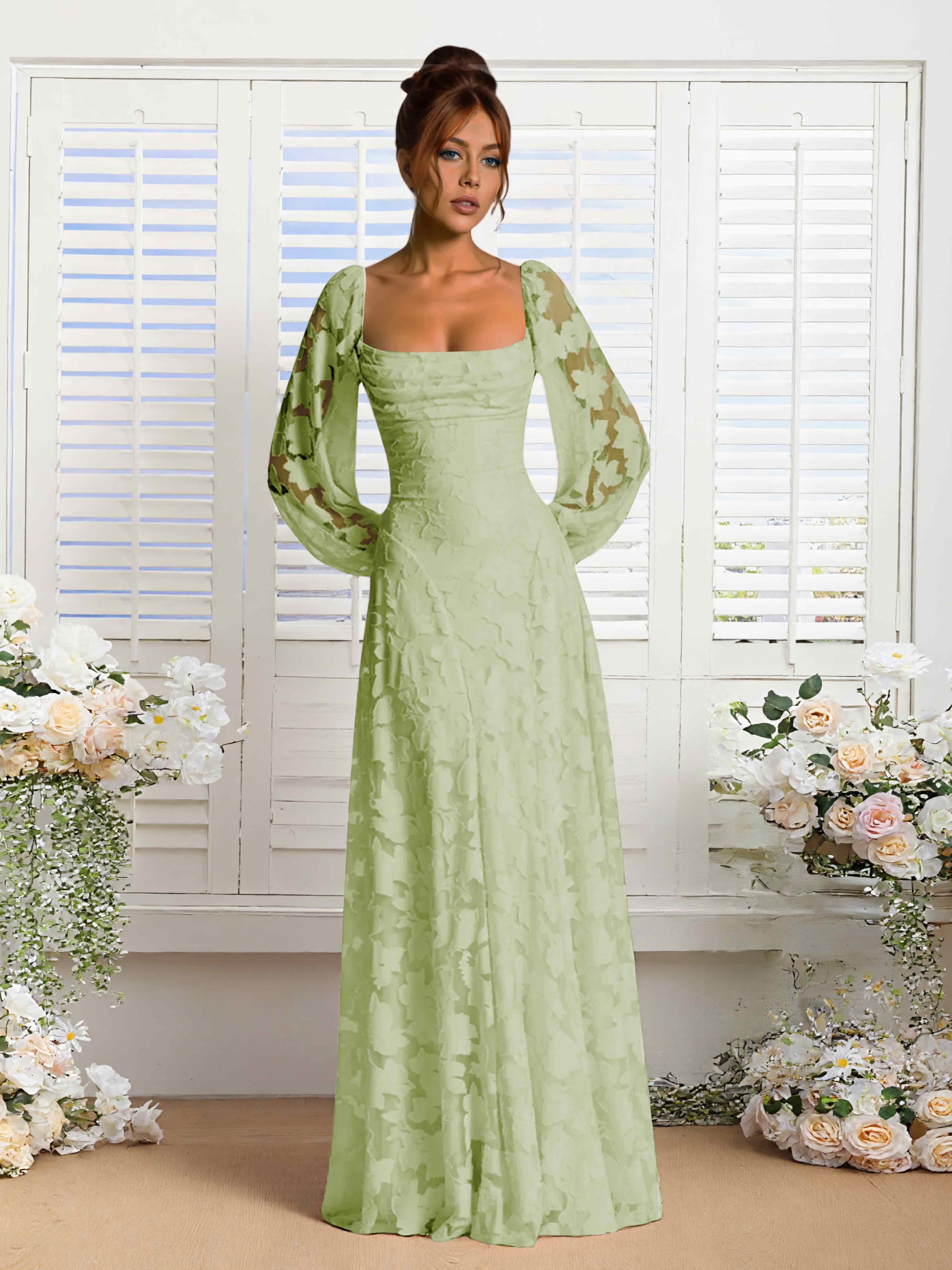 Xandra A-Line Long Sleeves Floor Length Floral Lace Formal Dresses