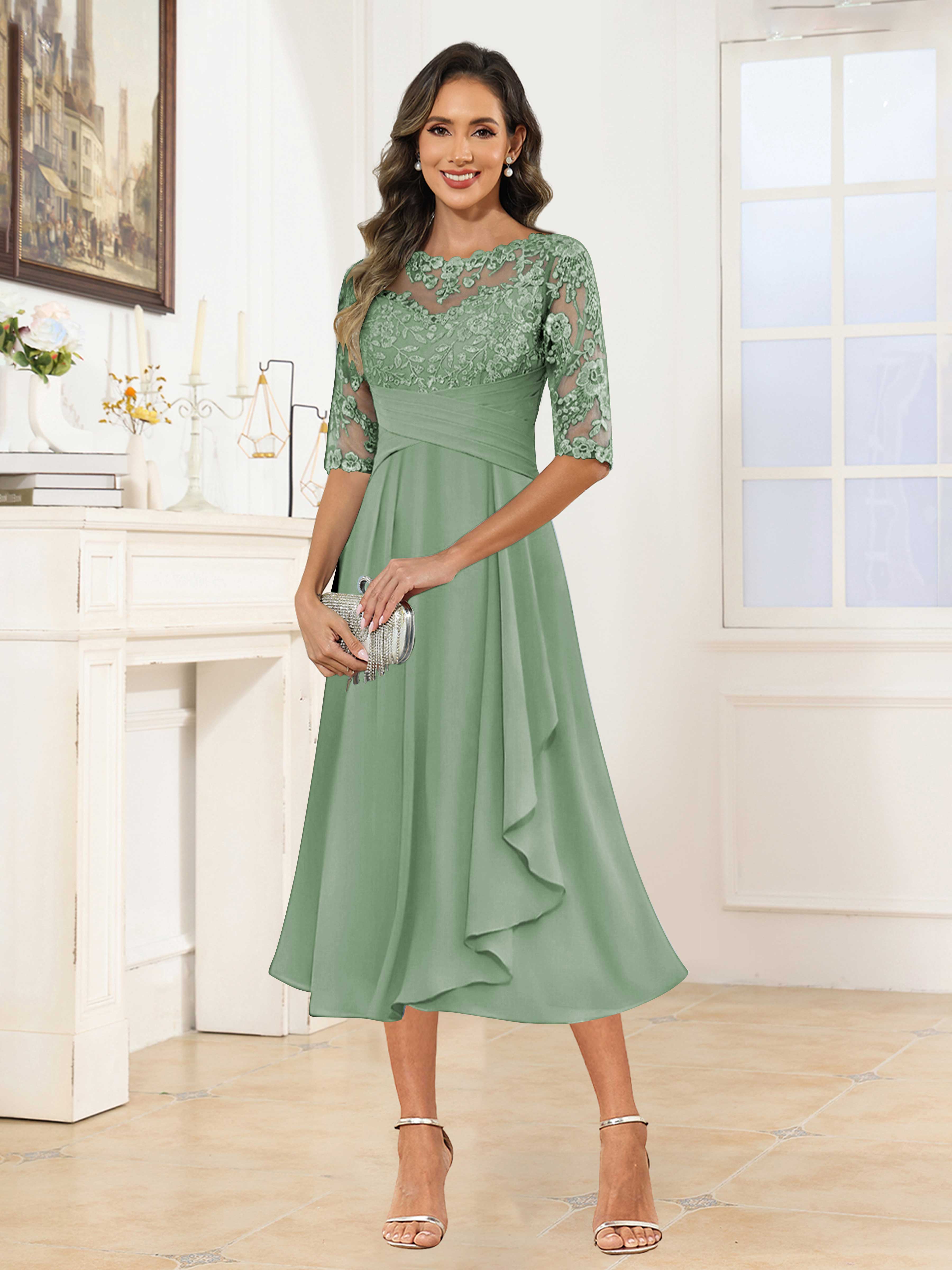 Traelithra Charming Illusion Ruffles Lace Tea Length Chiffon Mother of the Bride Dresses