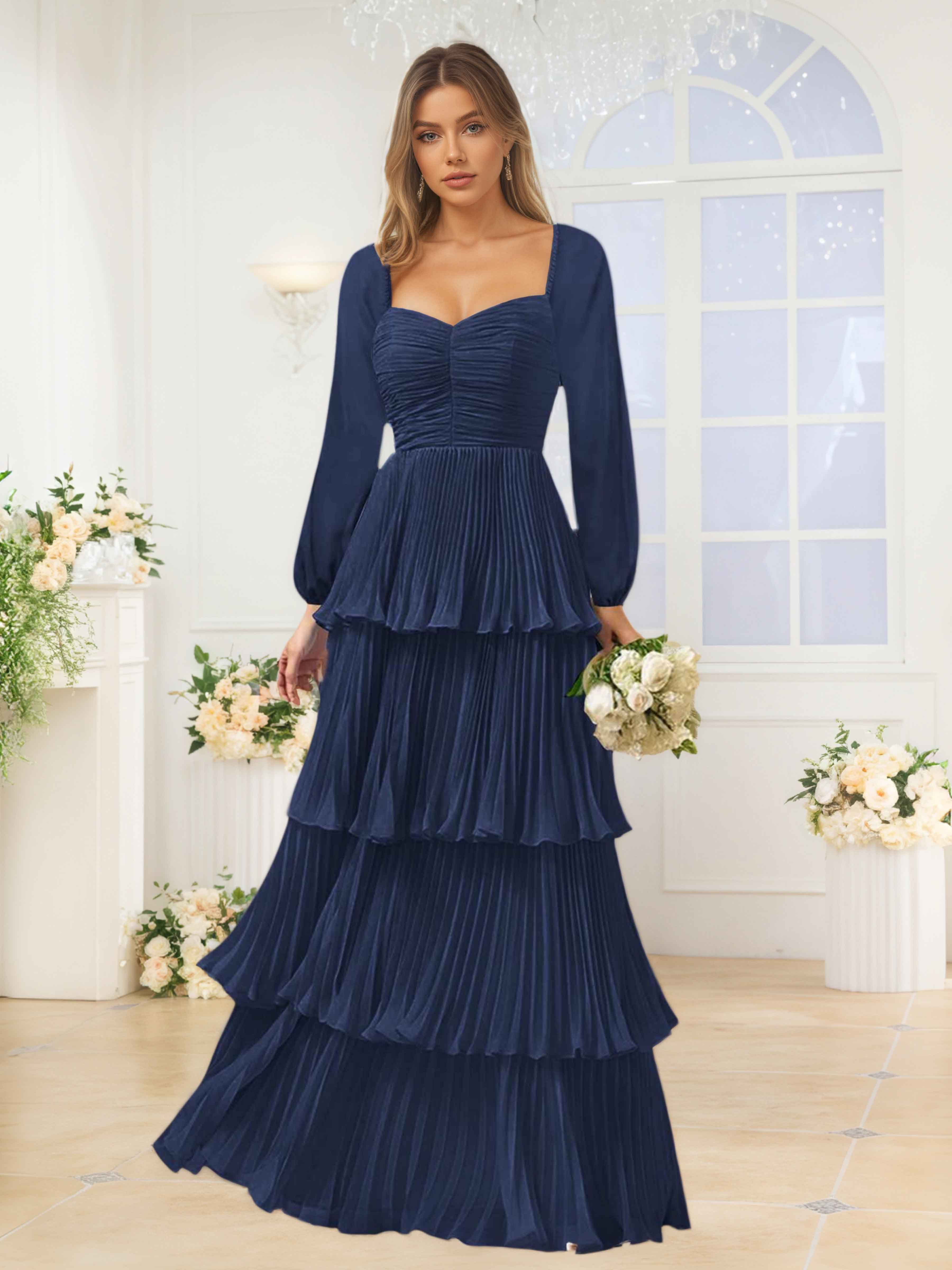 Eirwen Modest Long Sleeves Pleated Long Chiffon Bridesmaid Dresses