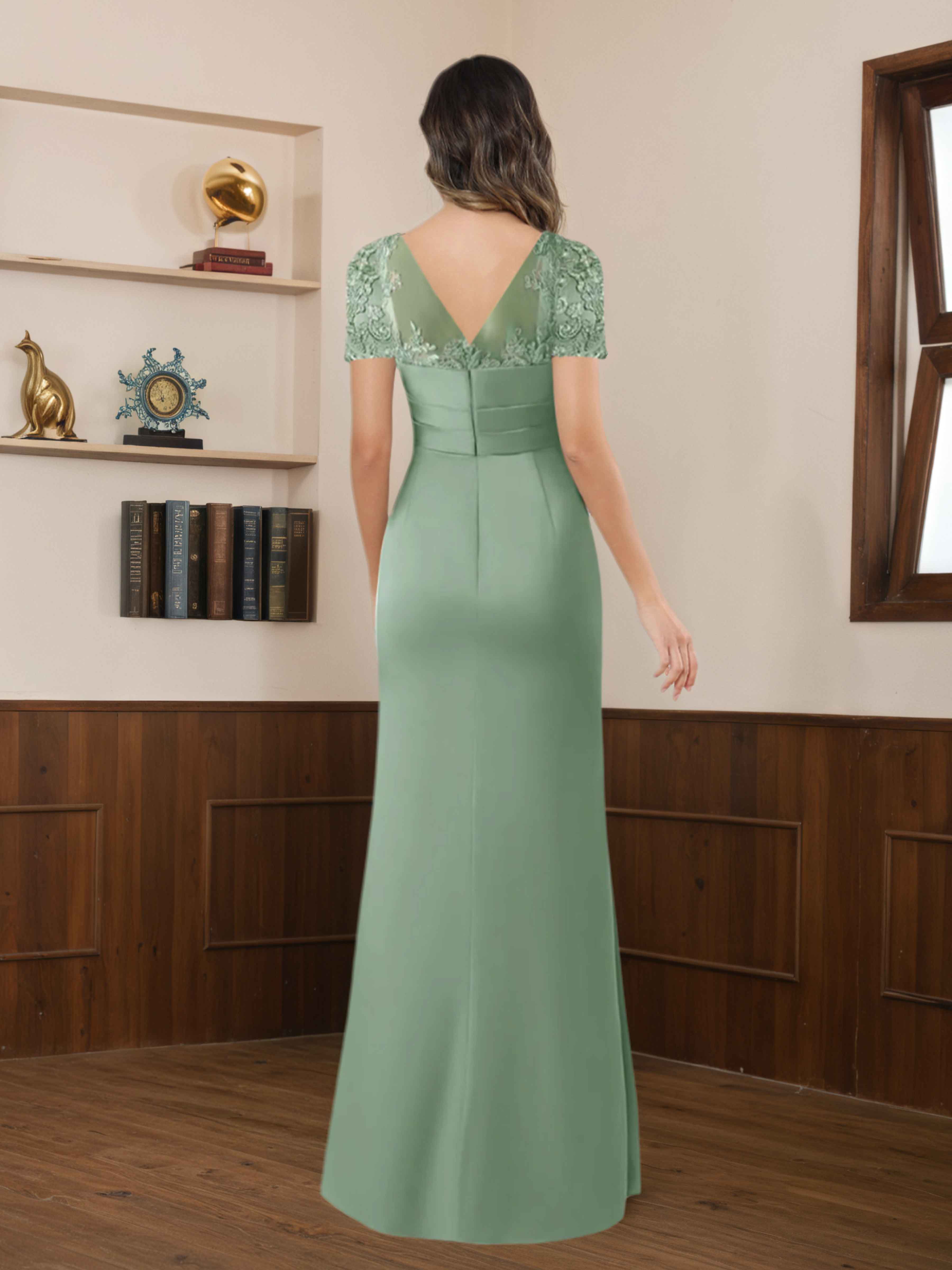 Elara Graceful Pleated Lace Appliques Slit Satin Mother of The Bride Dresses
