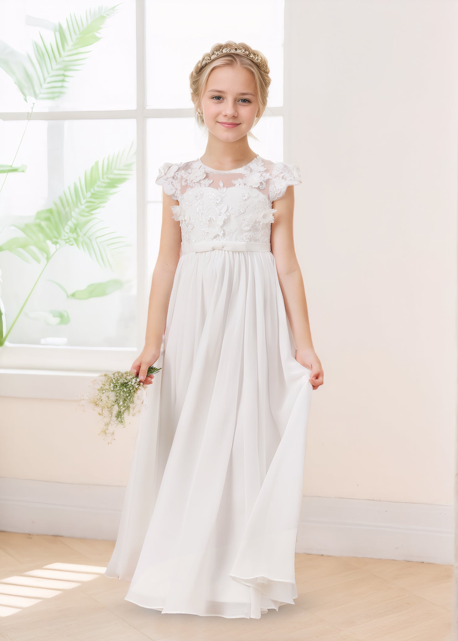 Elegant A-line Appliques Button Back Long Chiffon Flower Girl Dresses