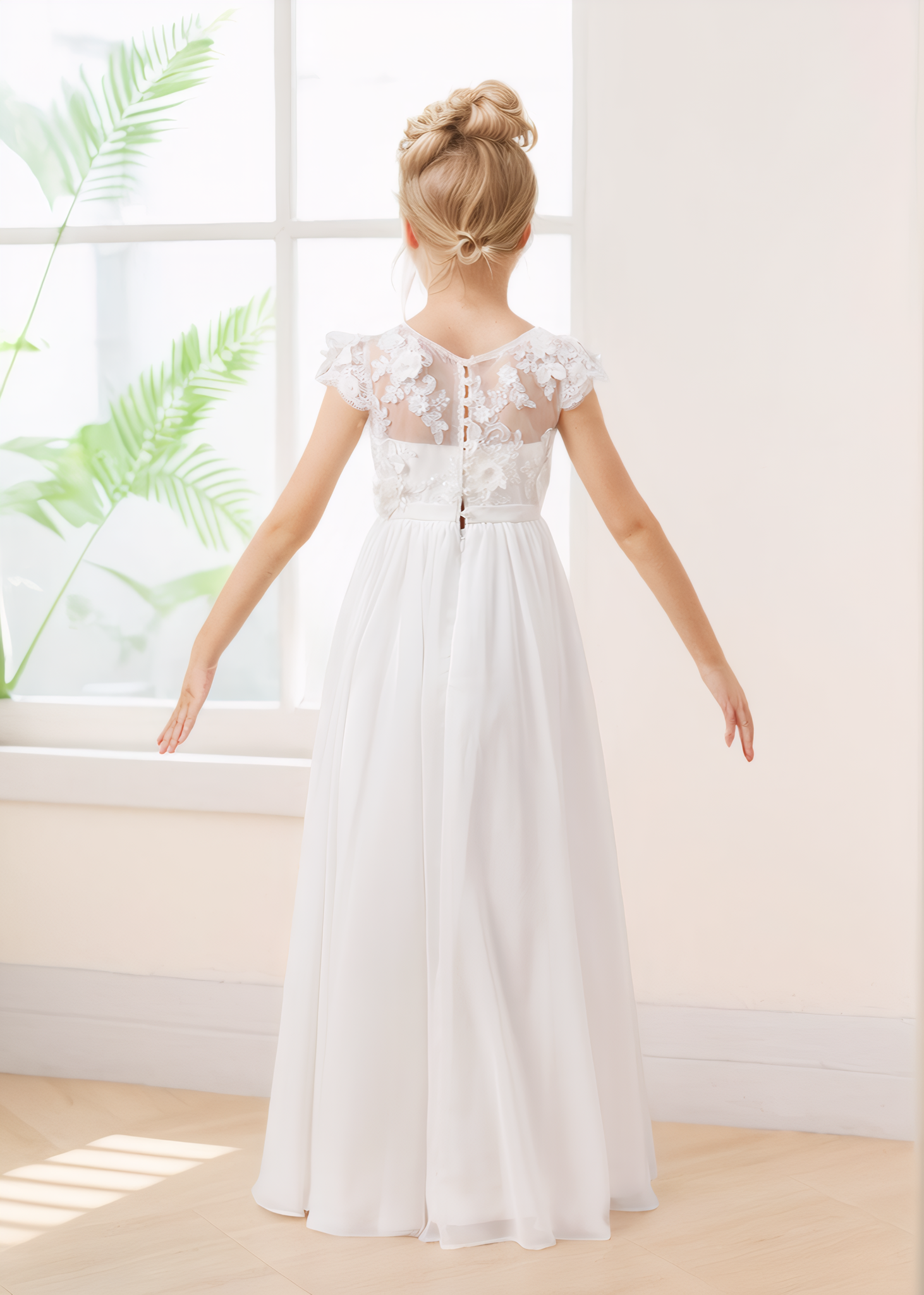 Elegant A-line Appliques Button Back Long Chiffon Flower Girl Dresses