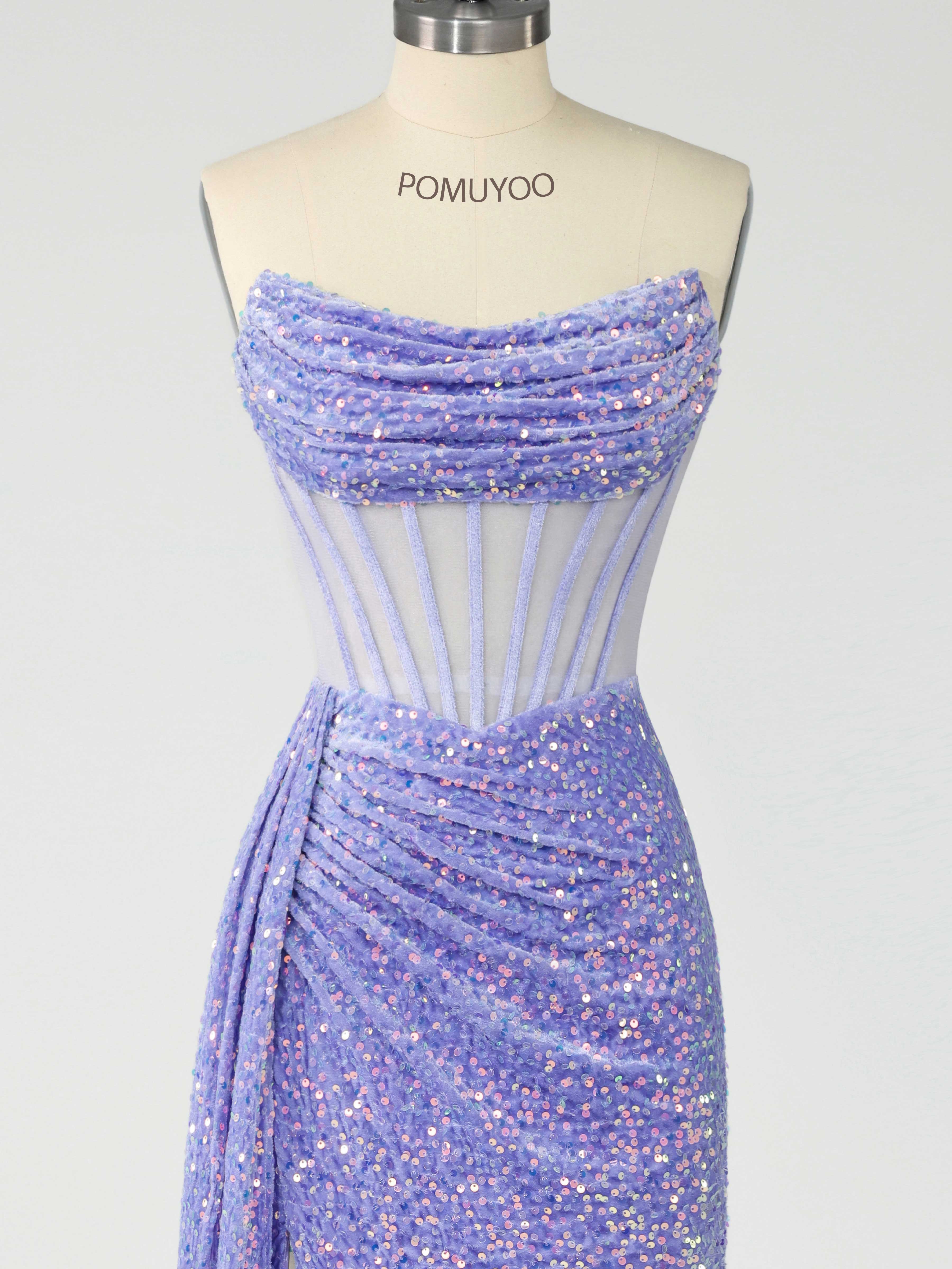 Elegant Strapless Corset Velvet Sequins Train Prom Dresses