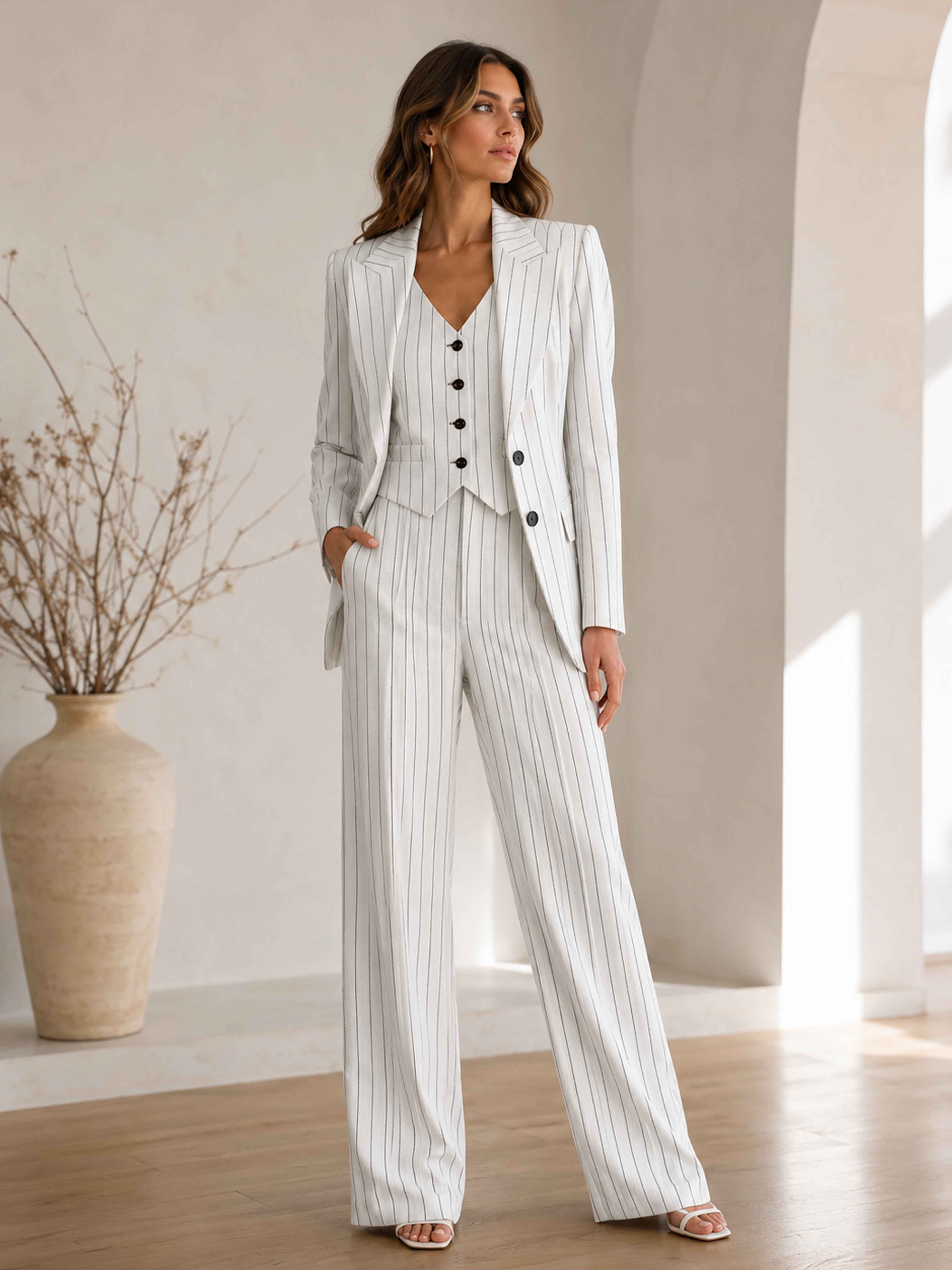 Elegant Pinstripe 3 Pieces Women's Pants Suit Set
