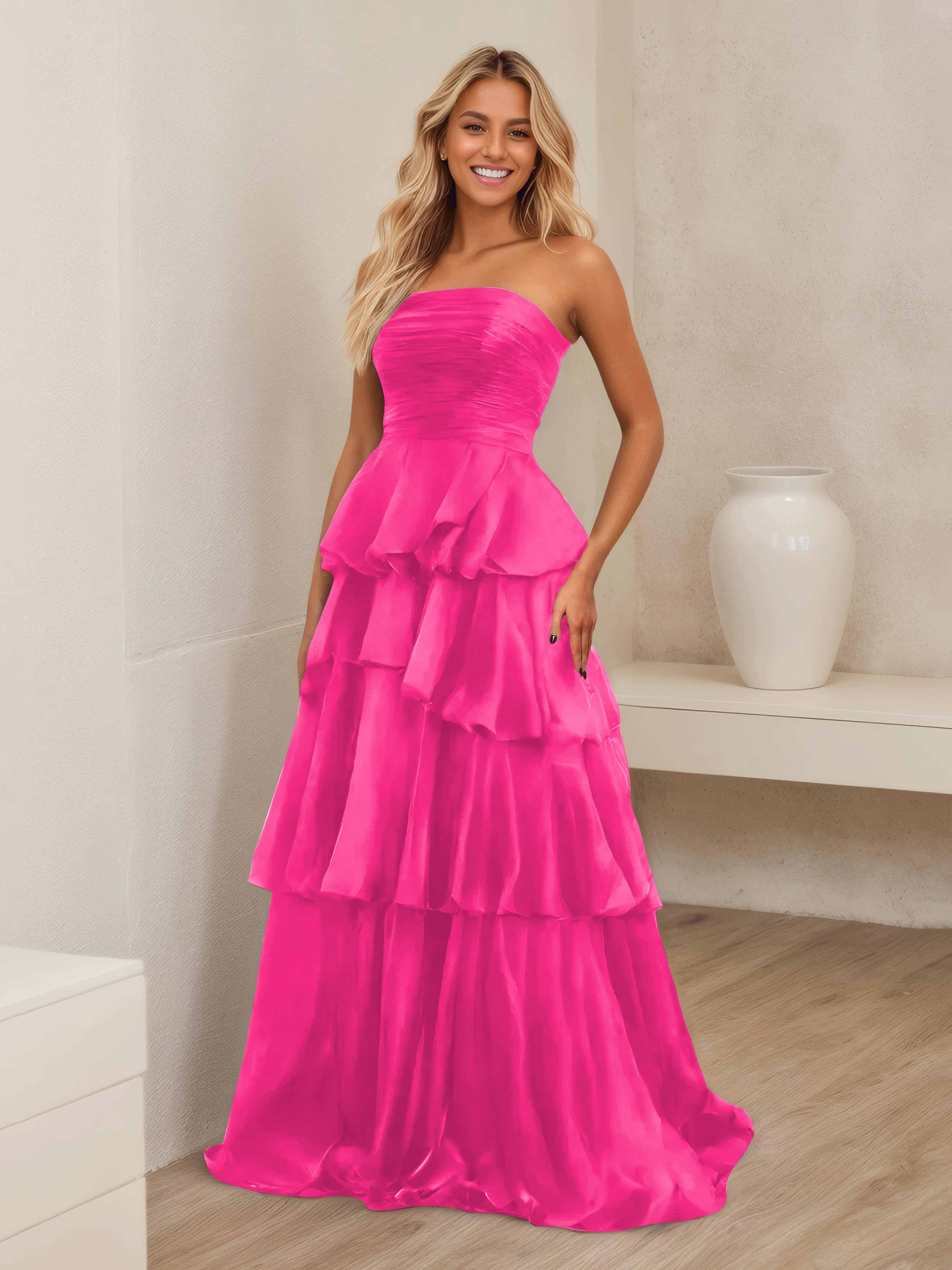 Ellianna Stunning A-Line Strapless Ruched Tiered Floor Length Satin Formal Dresses