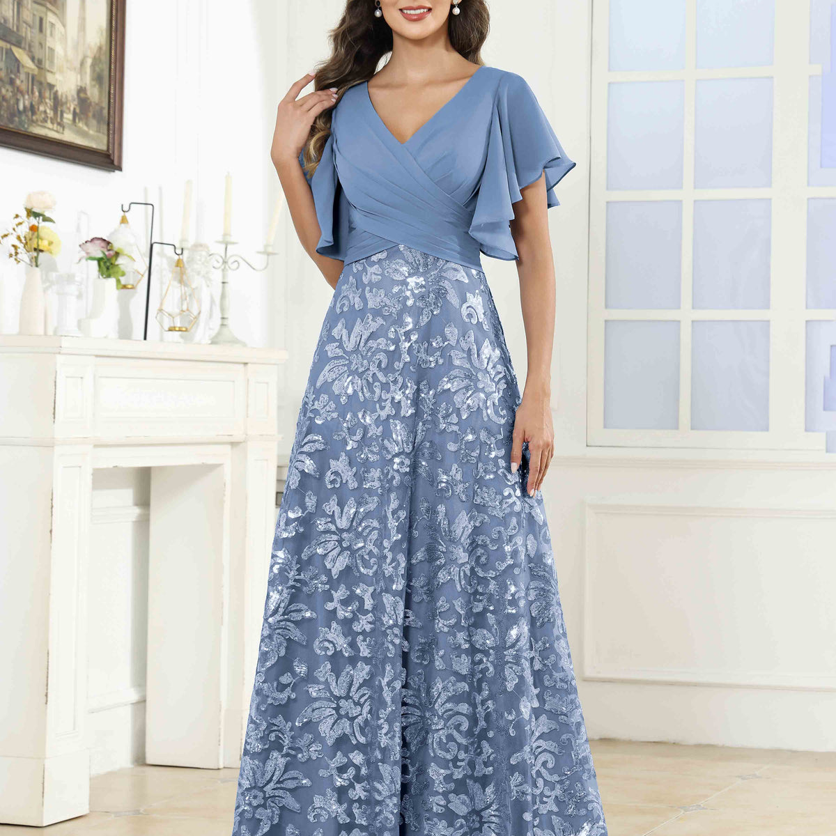 dusty blue mother of the bride dresses Let's Size S 7789K Slate Dress Elevate your look with our A Line V Neck Mother of the Bride Dress Vintage Bohemian Dusty Blue Mermaid