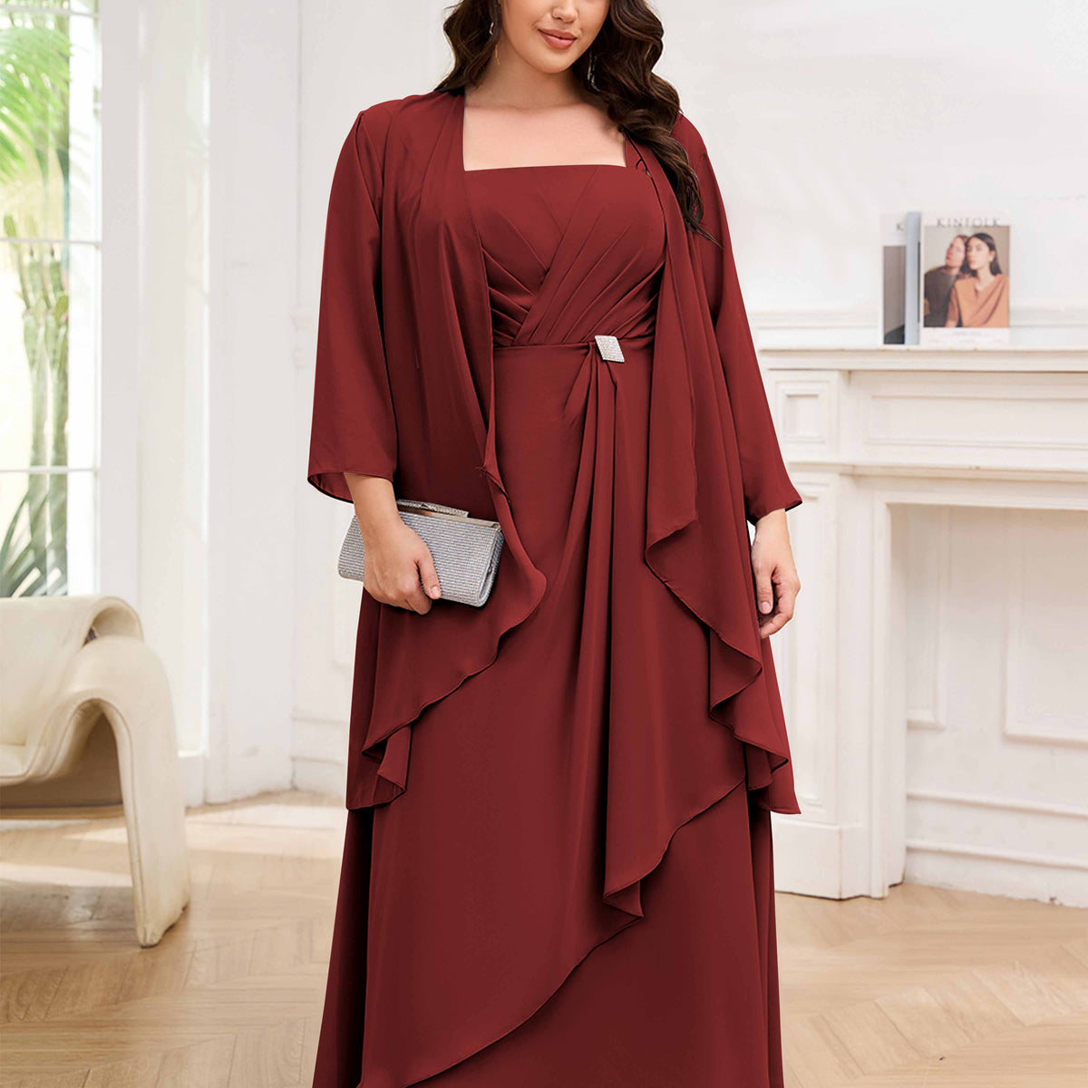 Elliott Modern Beaded Two Pieces Long Chiffon Plus Size Mother of the Bride Dresses, Fuchsia