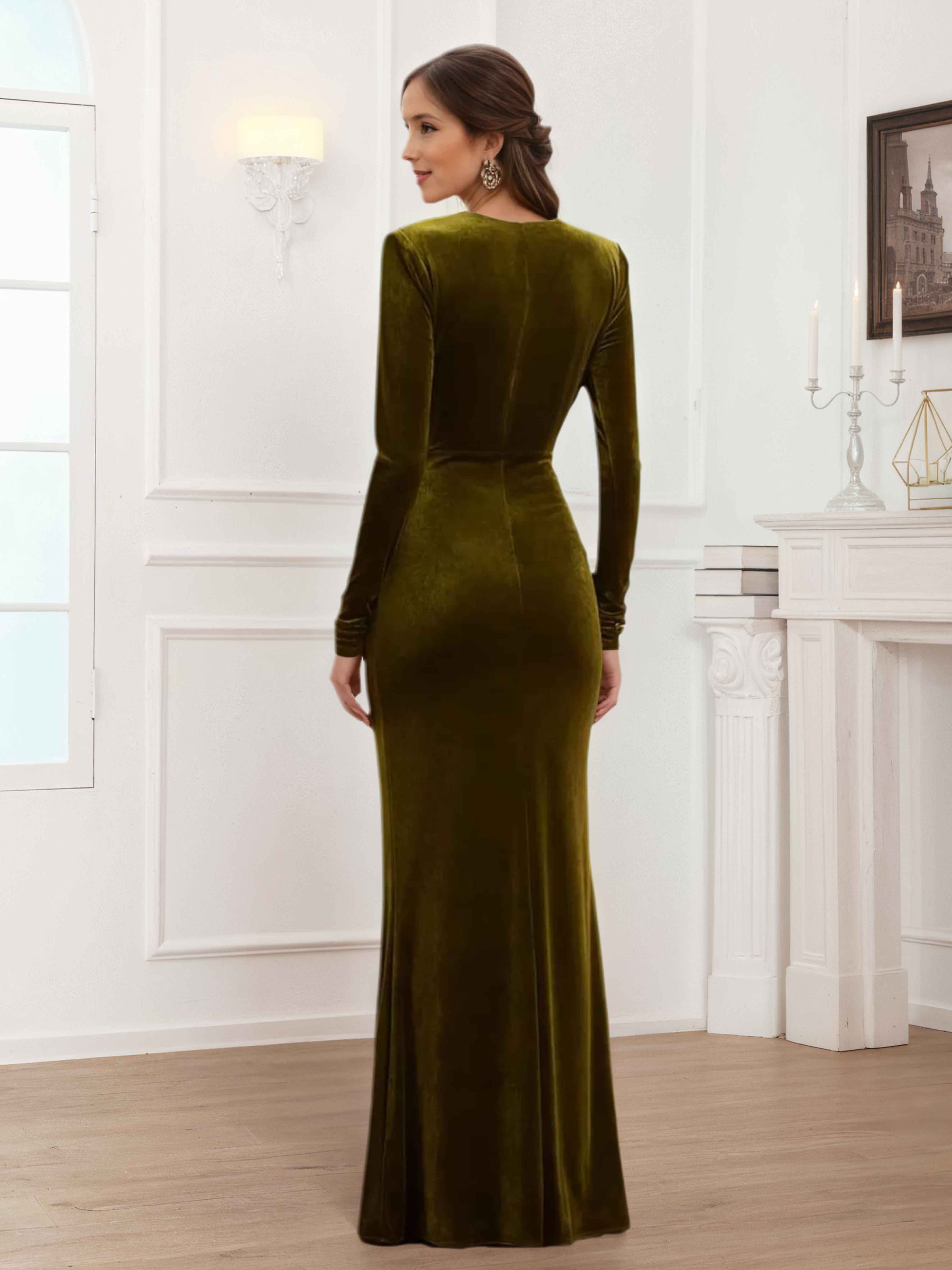 Elsinore Regal Sheath V-neck Long Sleeves Floor Length Velvet Mother Of The Bride Dresses