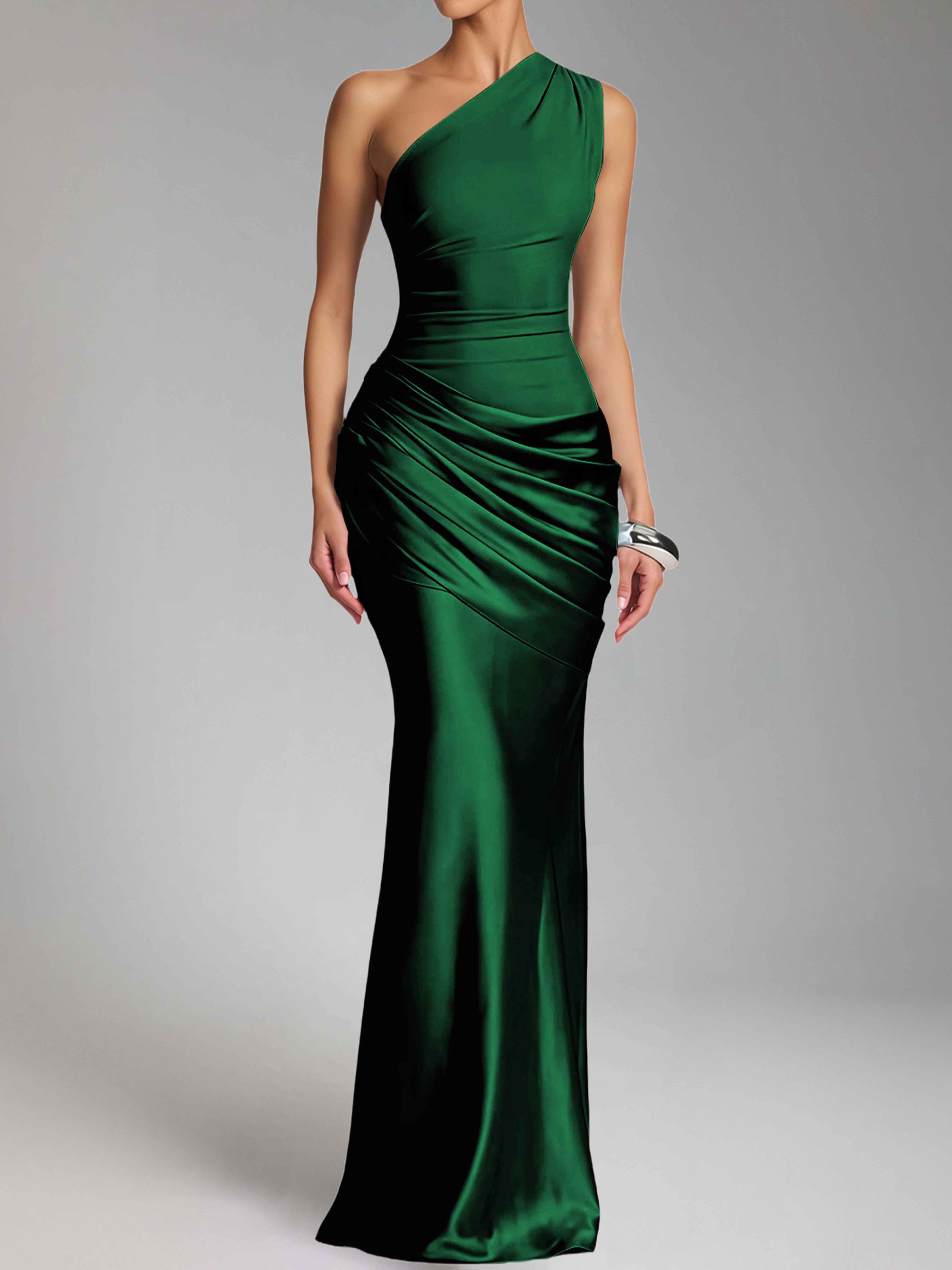 Jaelithra Gorgeous One Shoulder Pleated Satin Long Prom Dresses