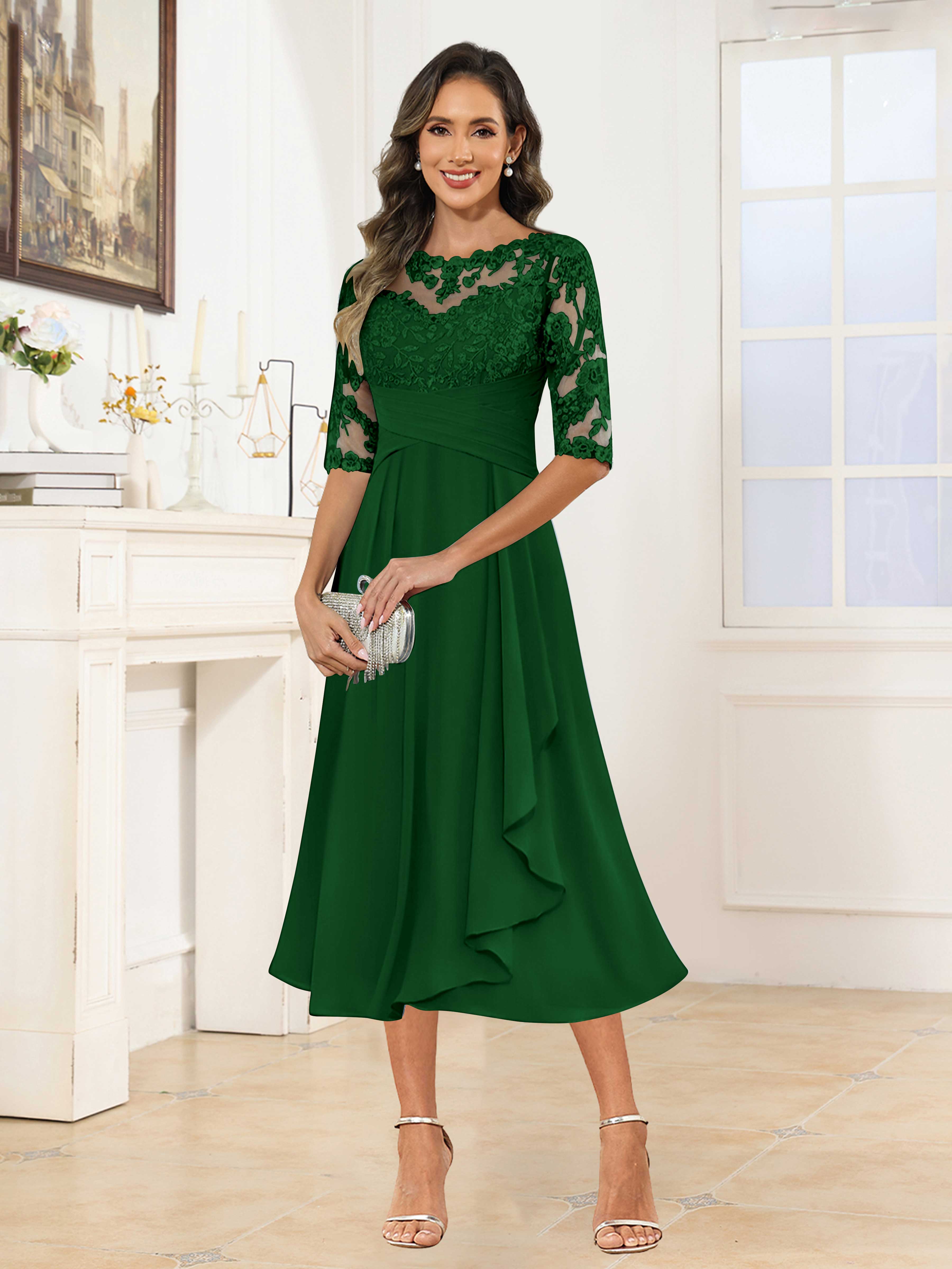 Traelithra Charming Illusion Ruffles Lace Tea Length Chiffon Mother of the Bride Dresses