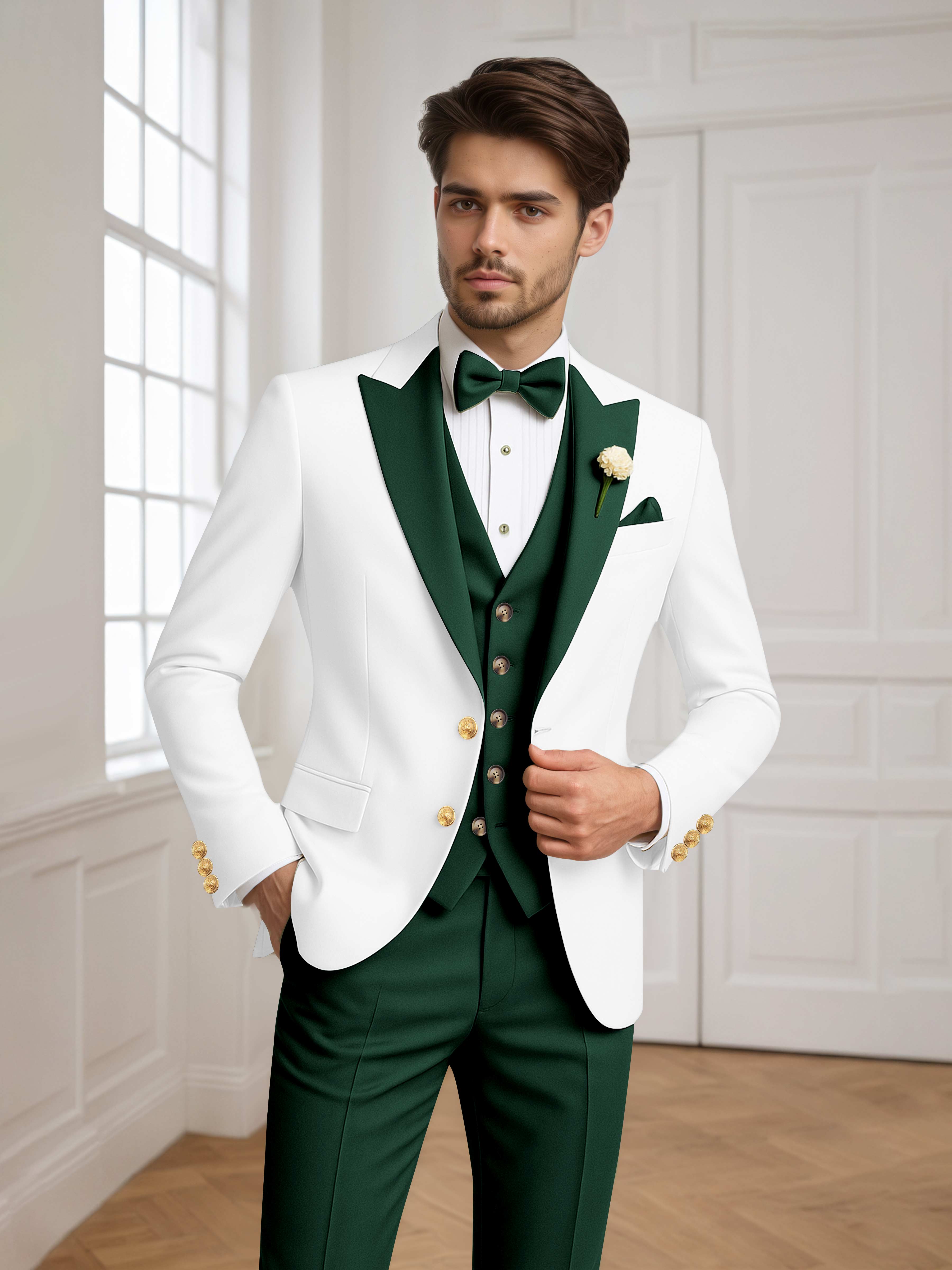 Color Block Peak Lapel Men's 3 Pieces Suit for Groom Wedding & Prom