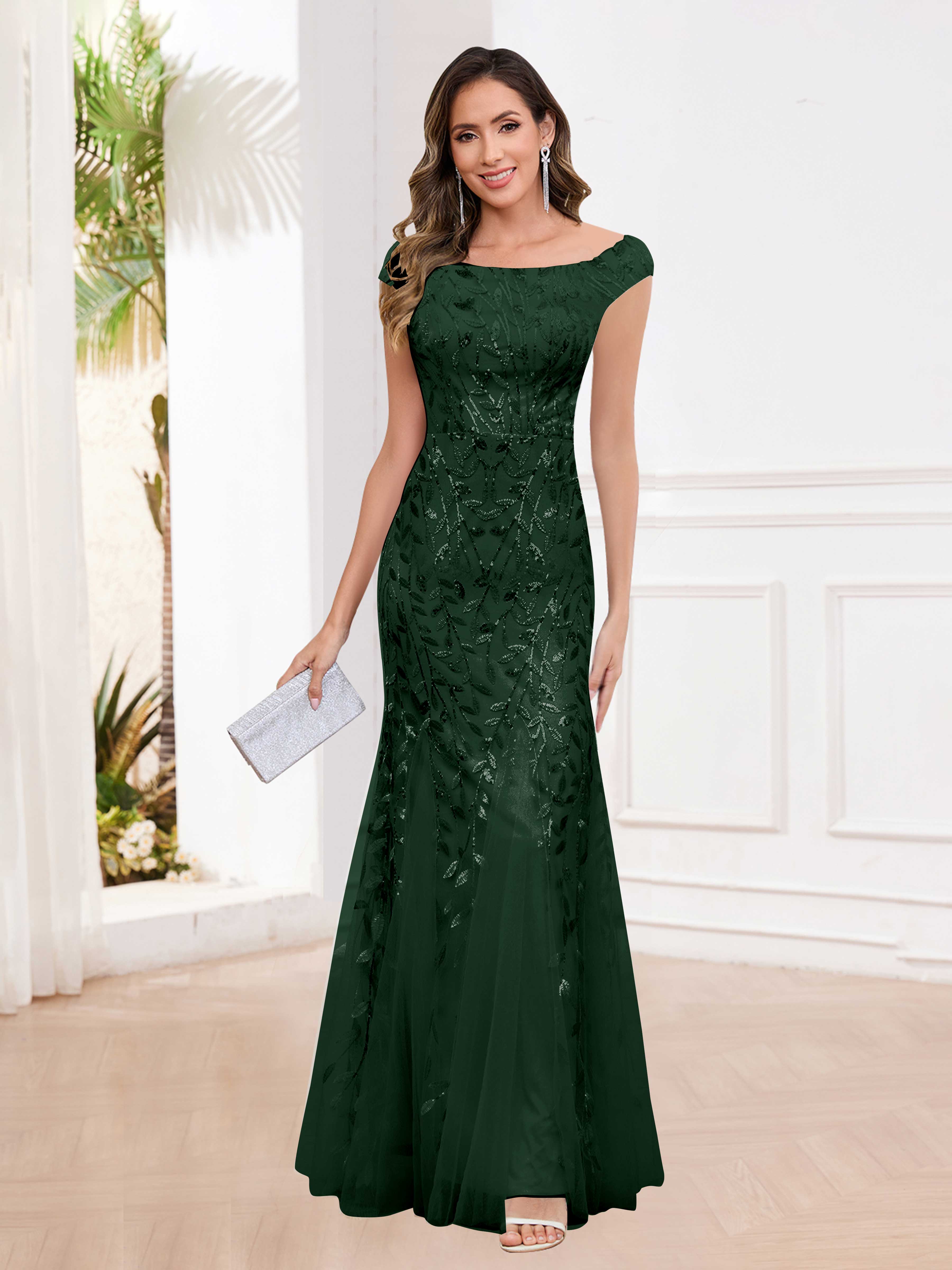 Aelindra Modern Sheath Leaf Sequins Long Mother of the Bride & Groom Dresses