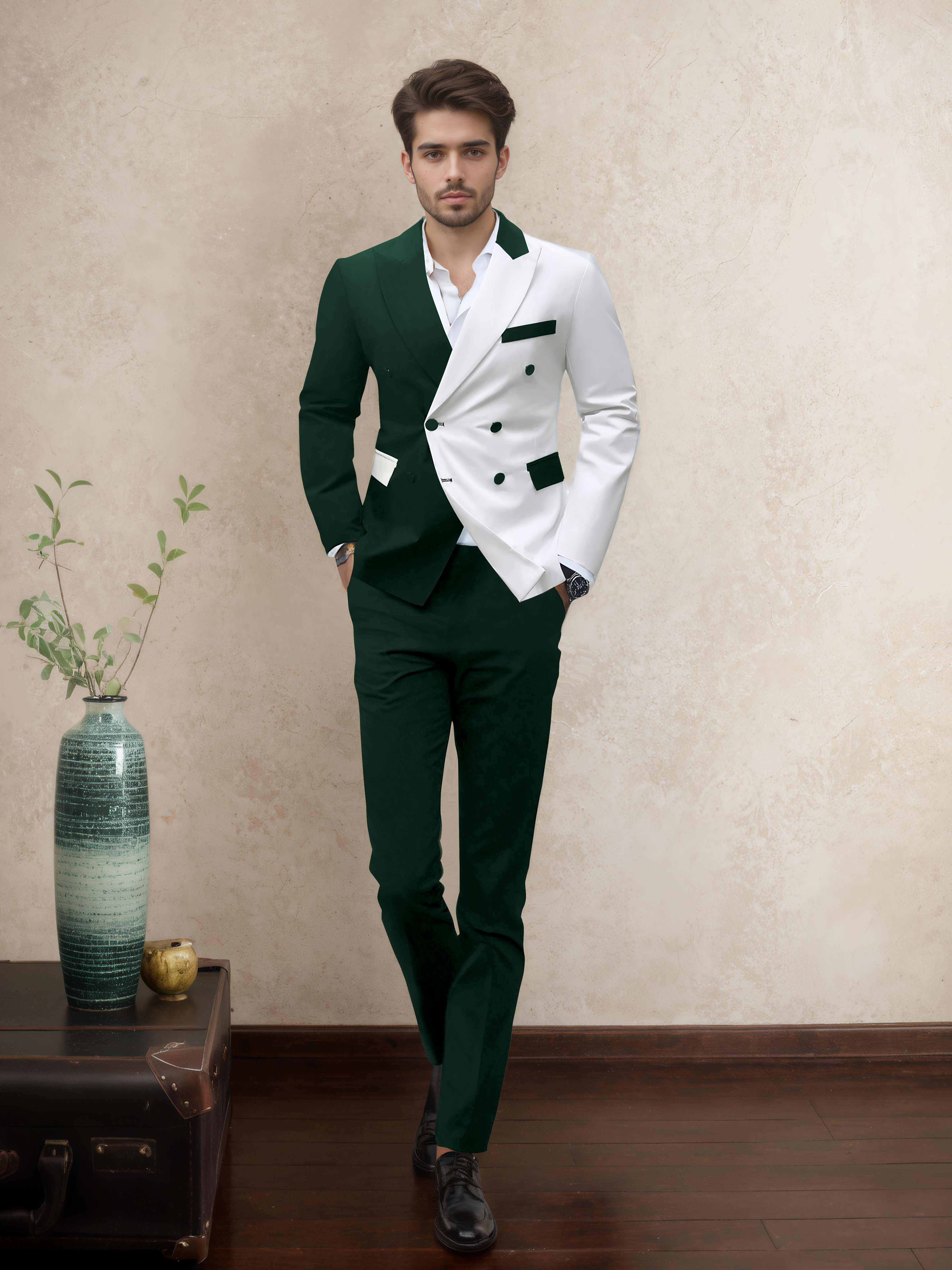 Refined 2 Pieces Men’s Evening Suit Tailored Fit Double Breasted Peak Lapel Contrast