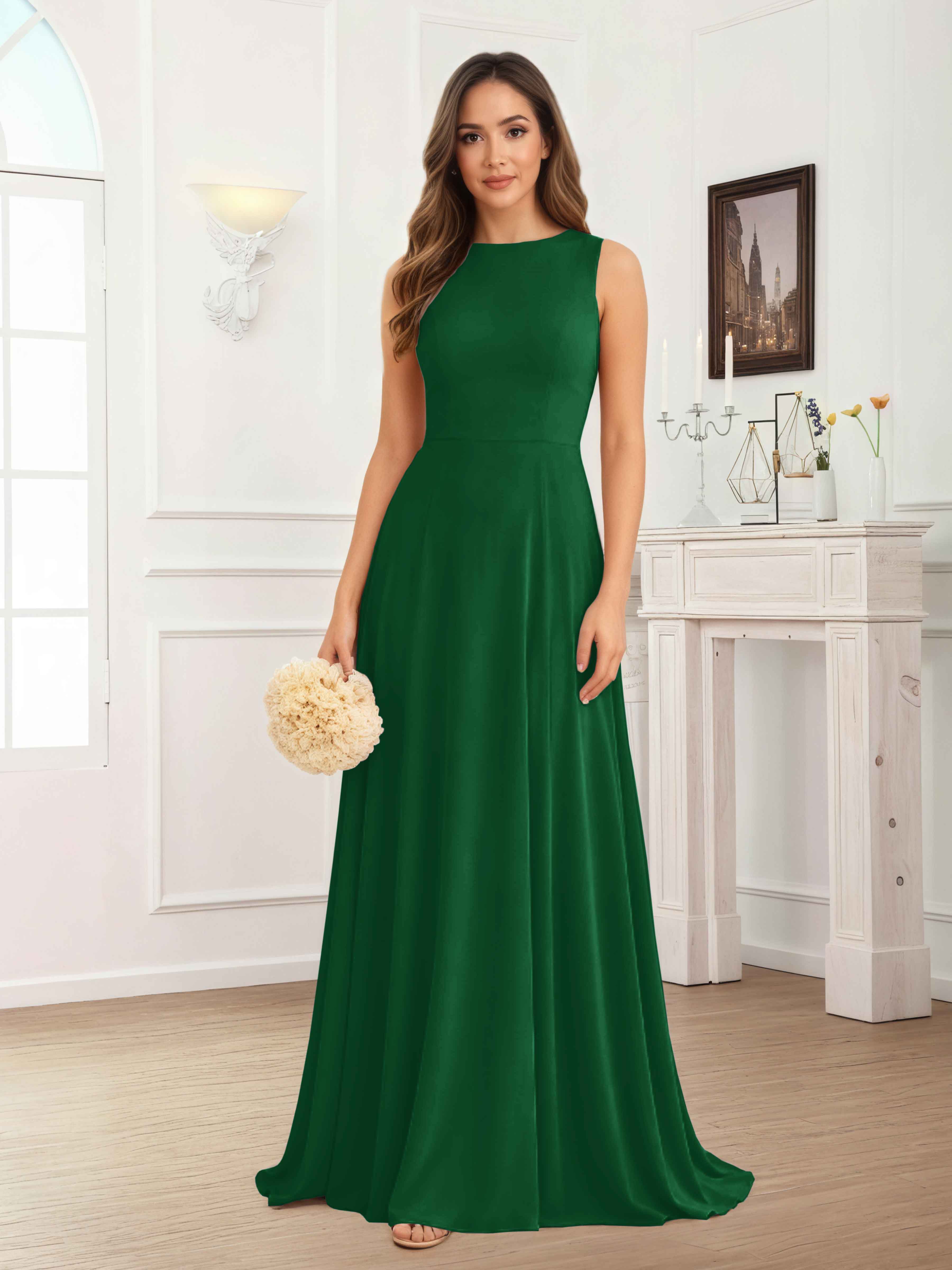 Fraelithra Modest Scoop A-Line Sleeveless Long Bridesmaid Dresses