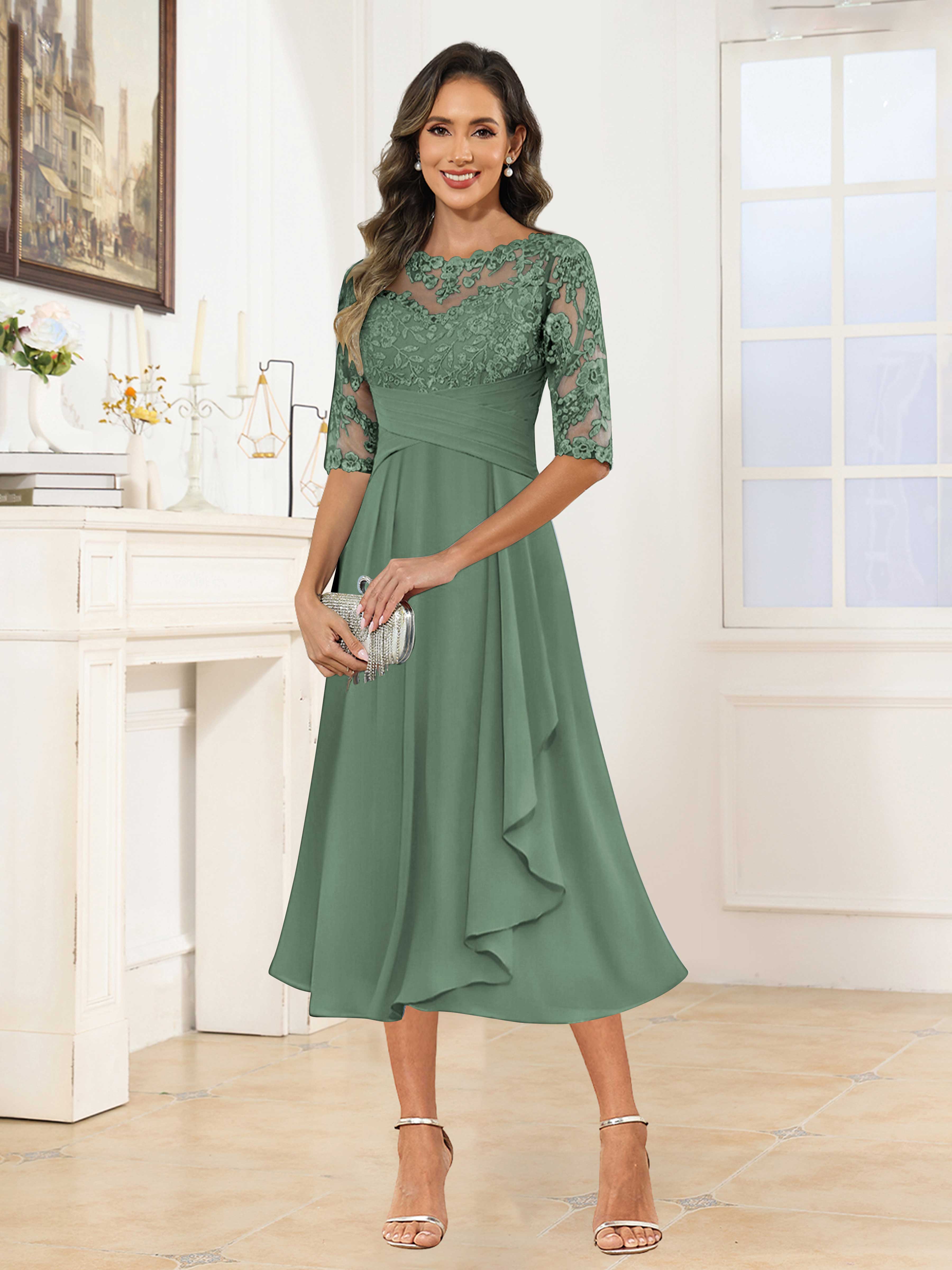 Traelithra Charming Illusion Ruffles Lace Tea Length Chiffon Mother of the Bride Dresses