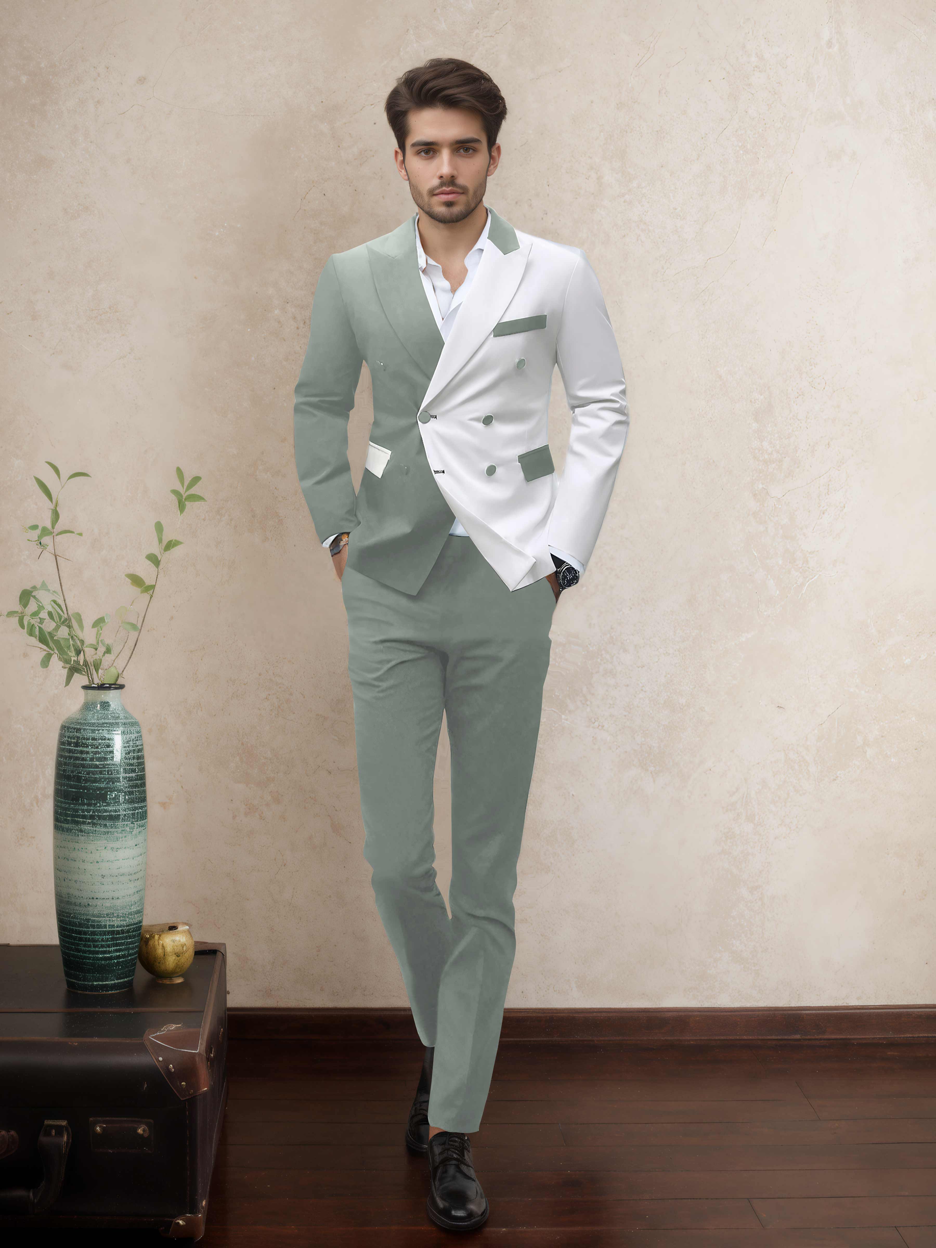 Refined 2 Pieces Men’s Evening Suit Tailored Fit Double Breasted Peak Lapel Contrast