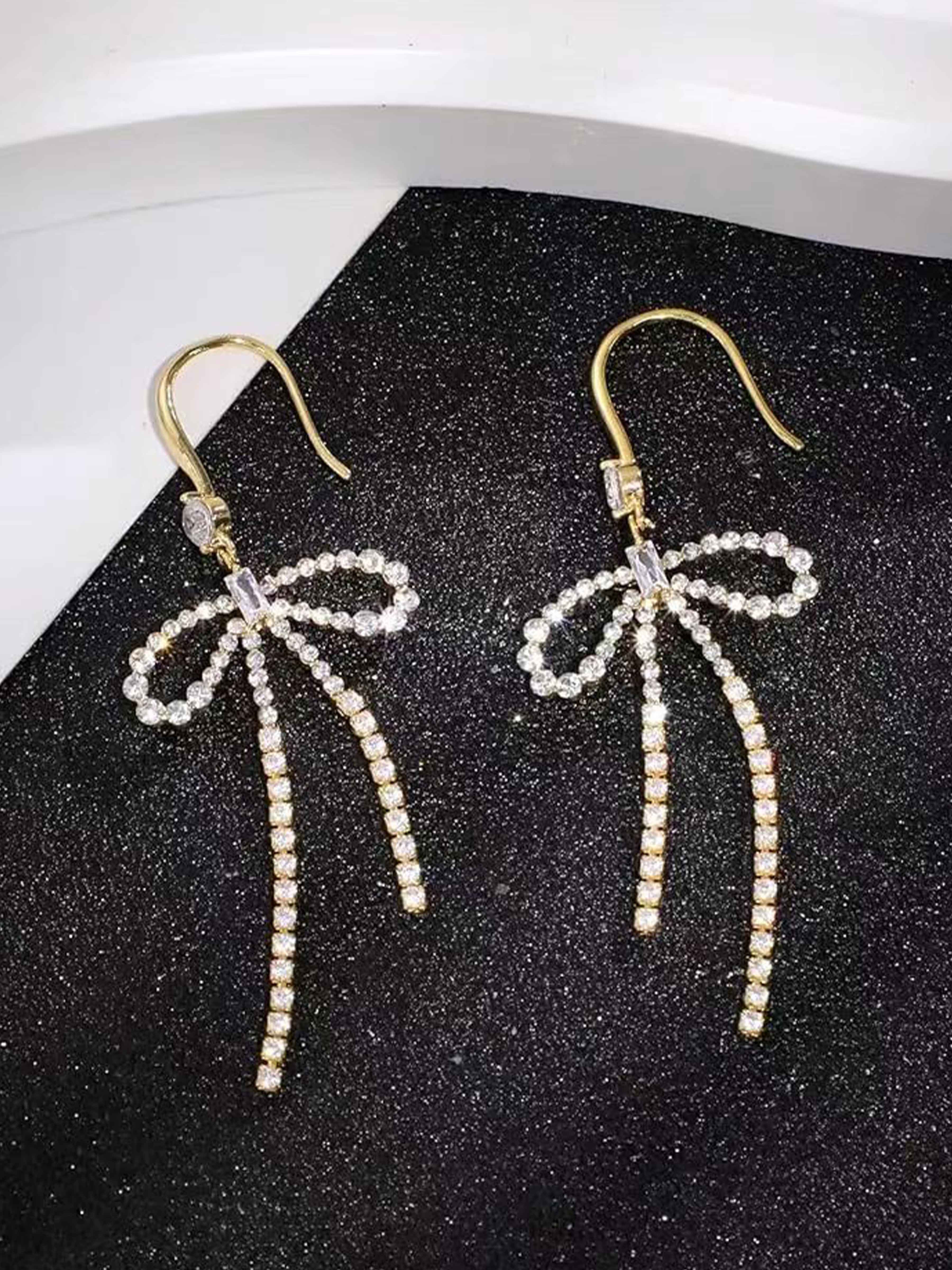 Exquisite Rhinestones Bow Long Earrings