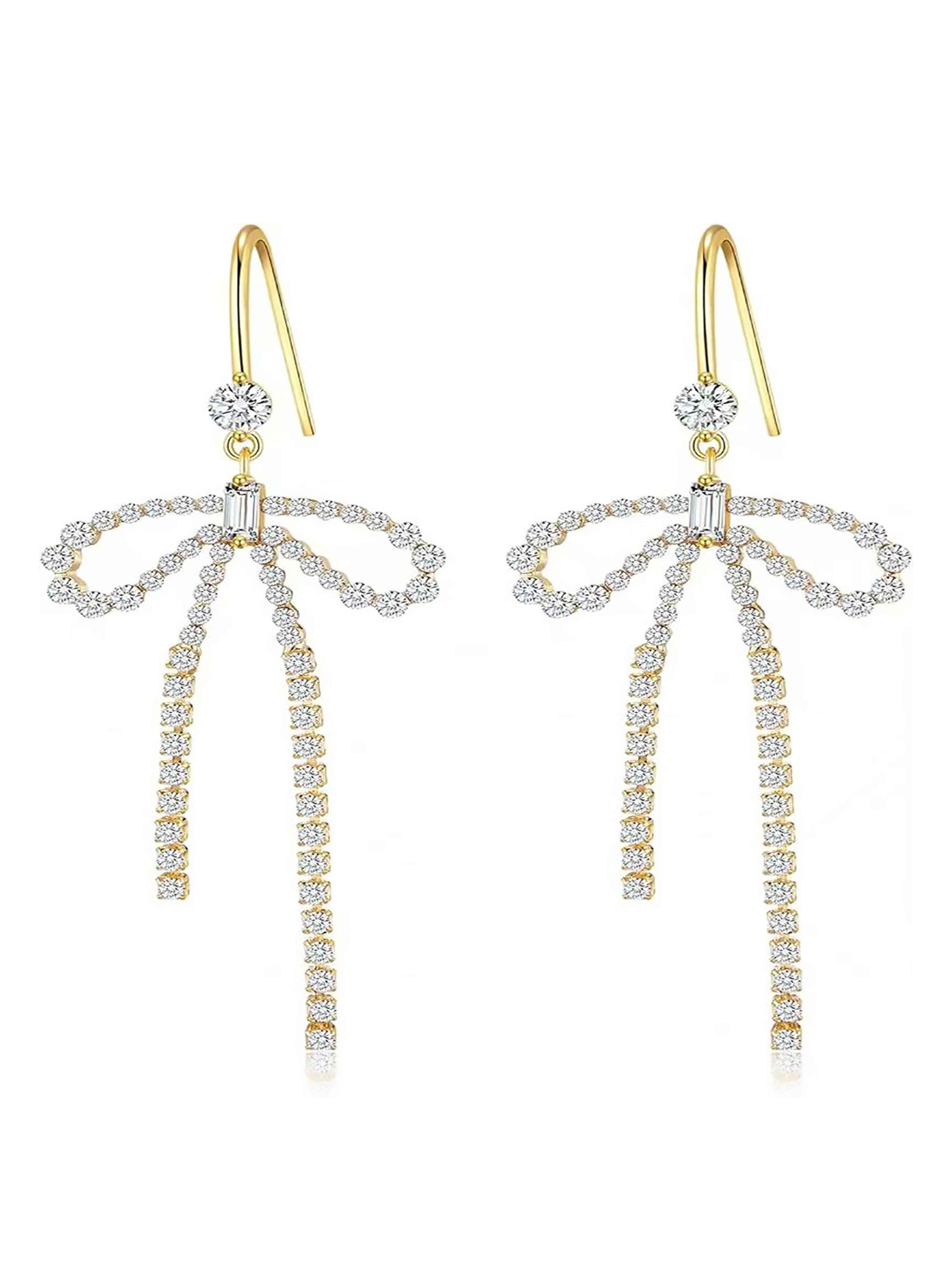 Exquisite Rhinestones Bow Long Earrings