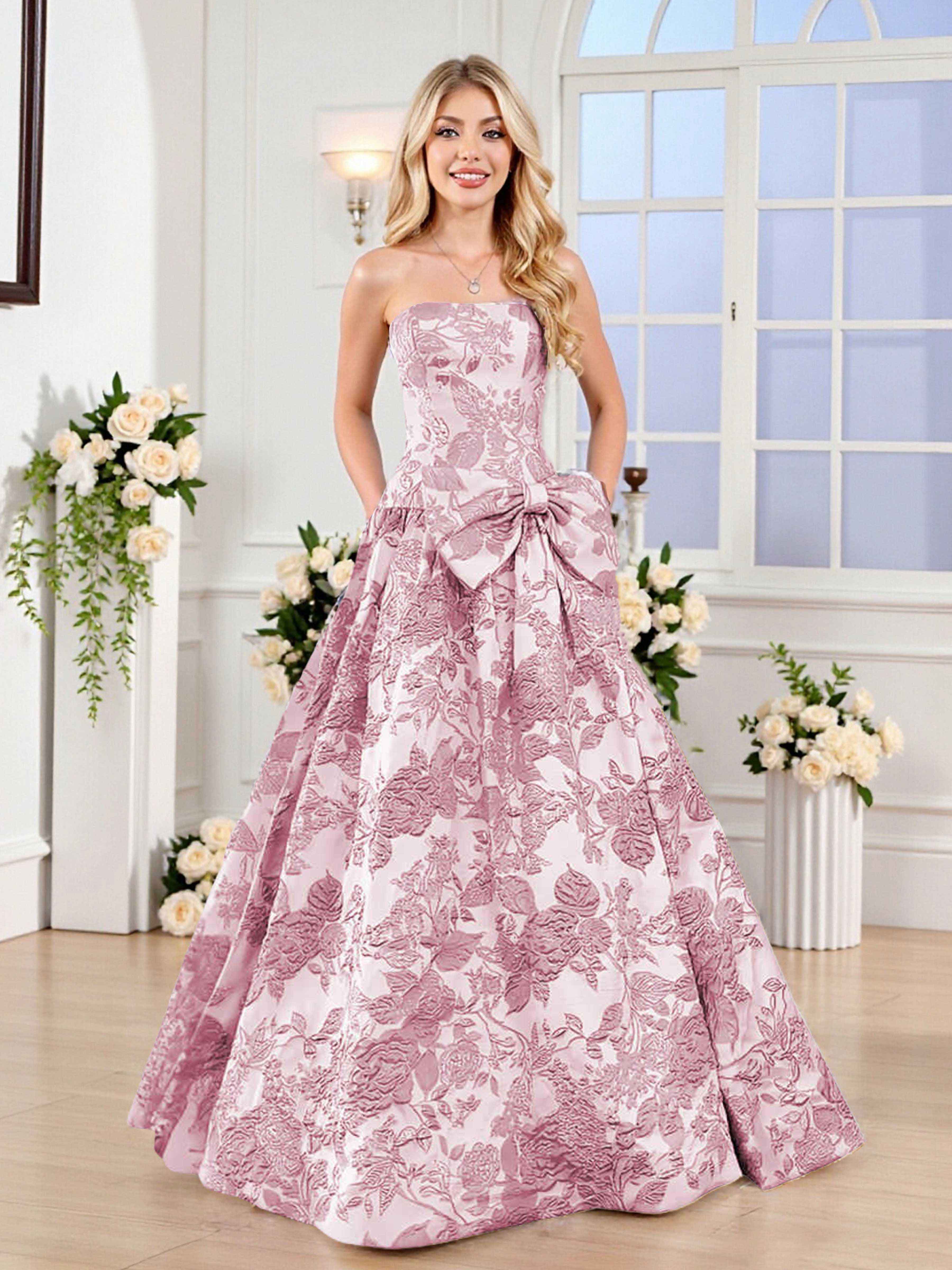Fairytale A-Line Strapless Jacquard Satin Long Prom Dresses With Knot