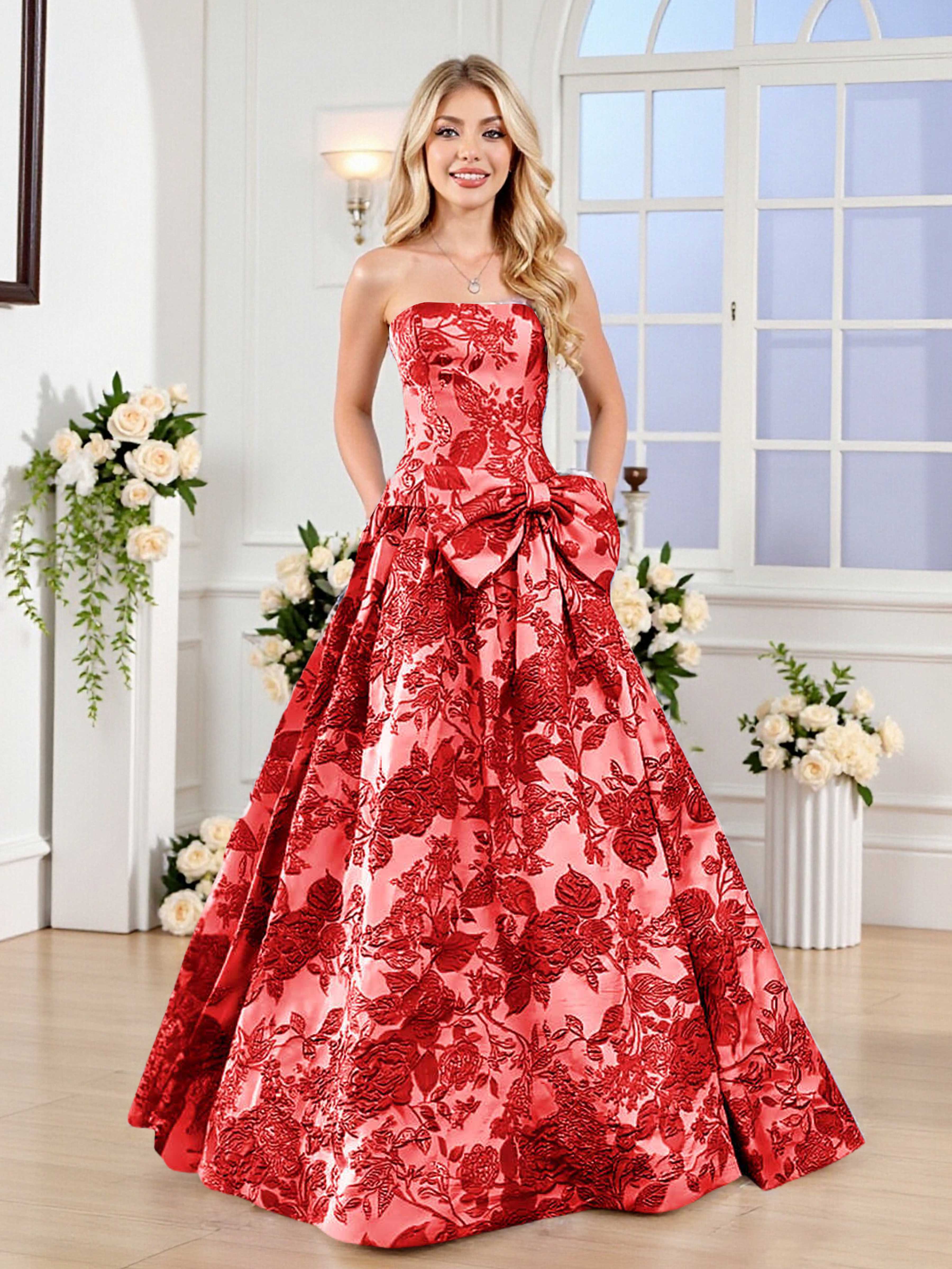 Fairytale A-Line Strapless Jacquard Satin Long Prom Dresses With Knot