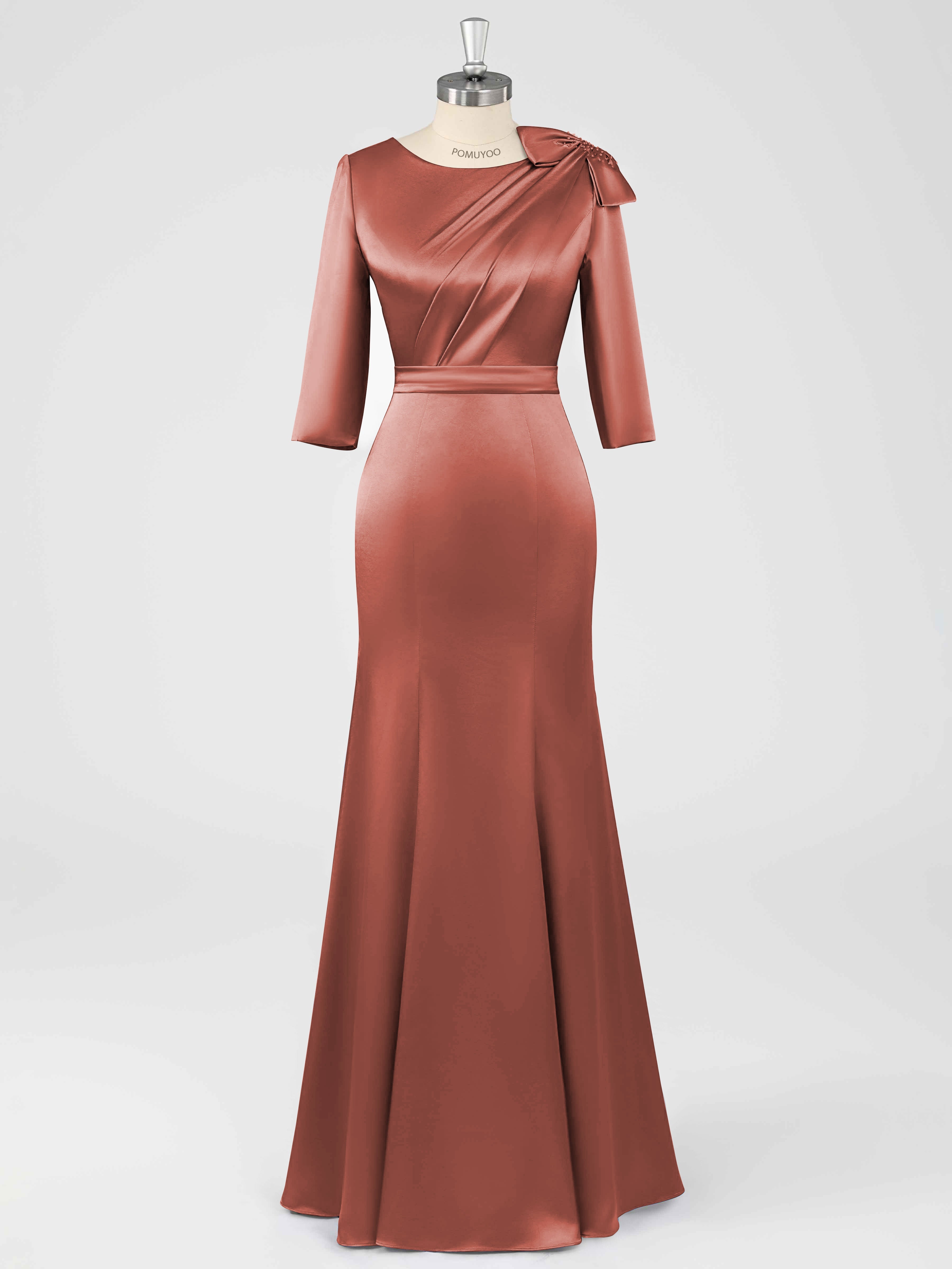 Fiammetta Modest Scoop Sheath Ruched Long Satin Mother of the Bride Dresses