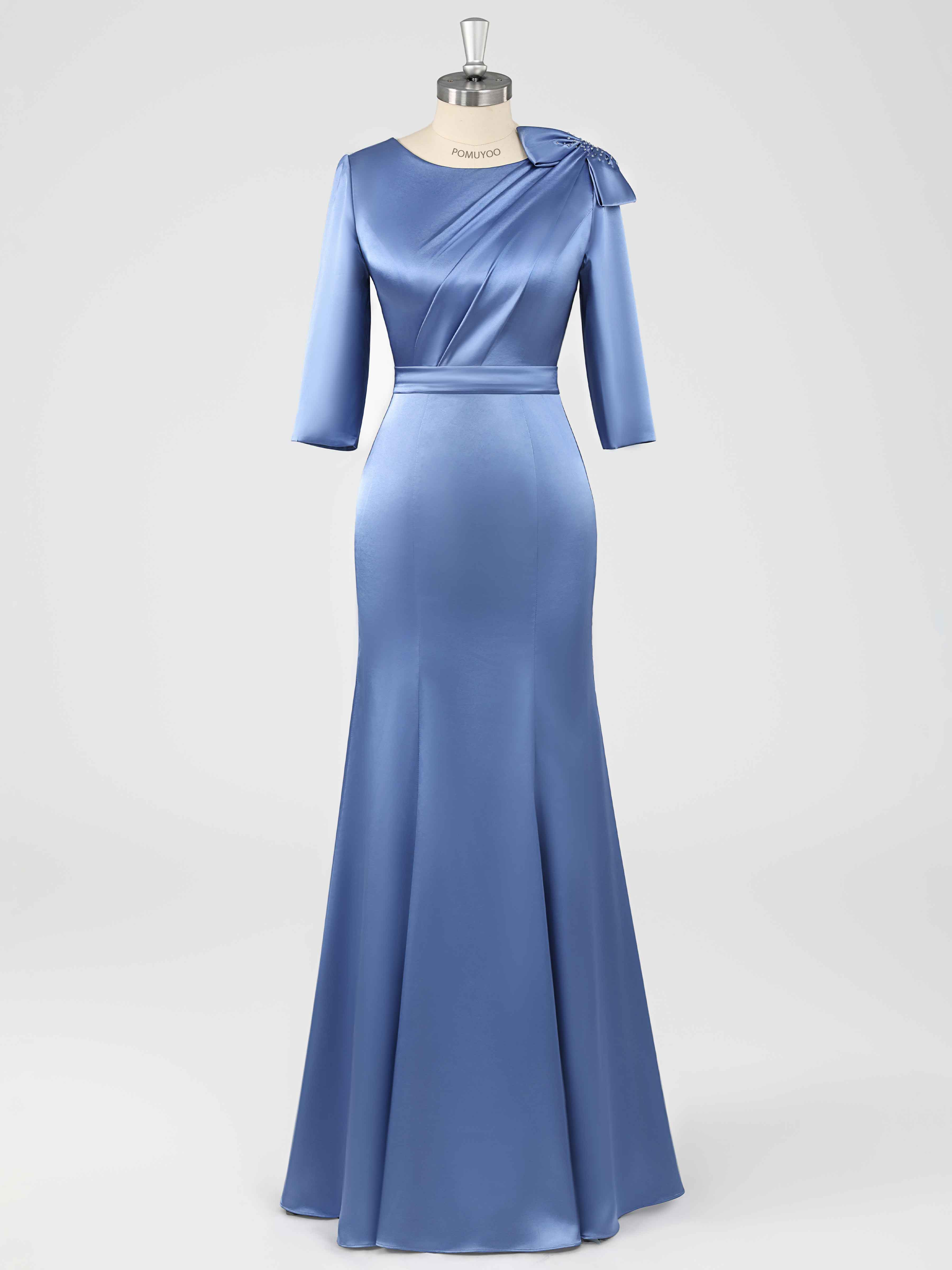 Fiammetta Modest Scoop Sheath Ruched Long Satin Mother of the Bride Dresses