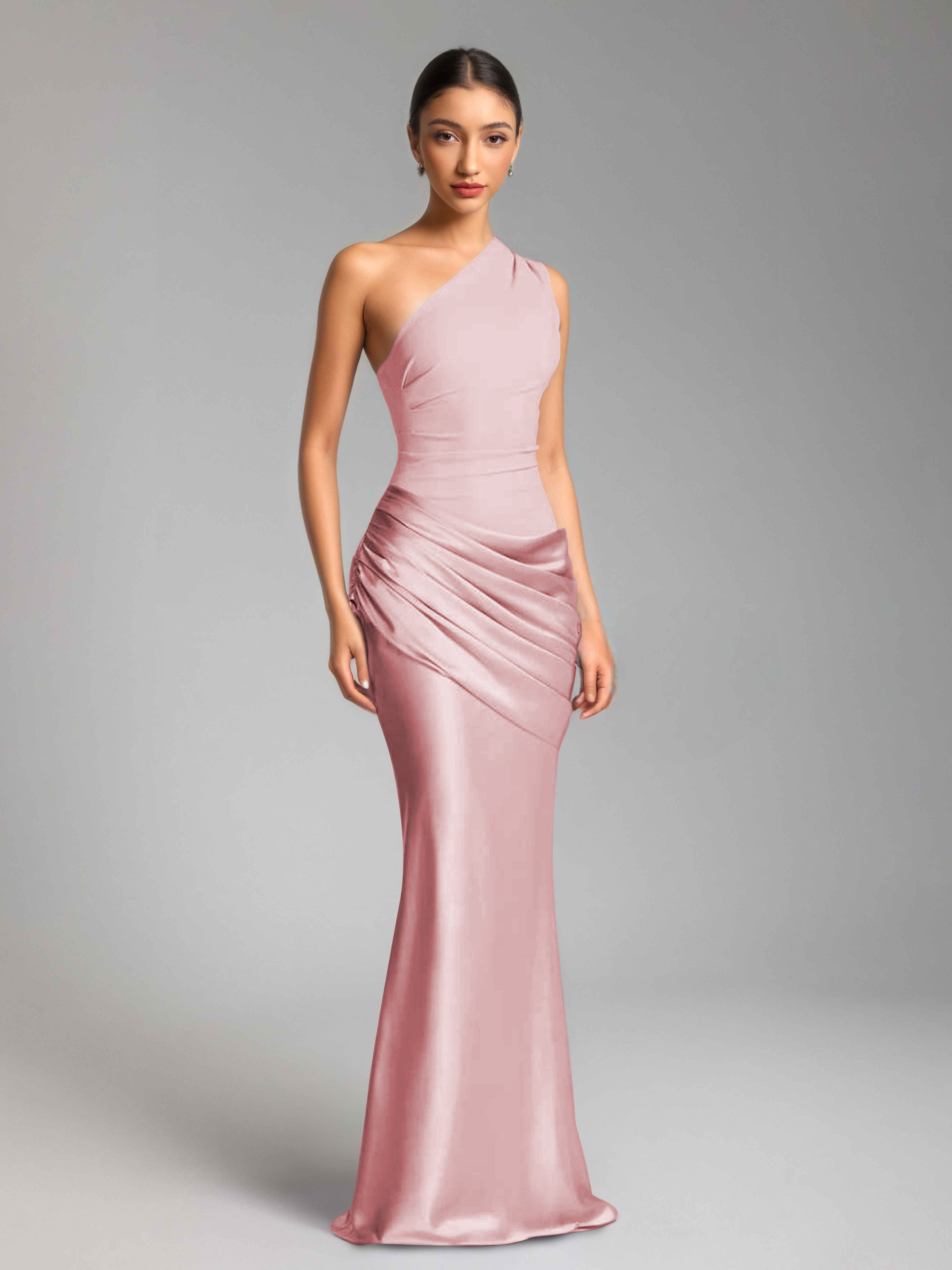 Jaelithra Gorgeous One Shoulder Pleated Satin Long Prom Dresses