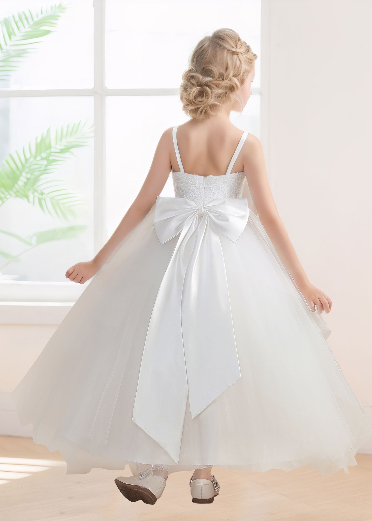 Fluffy A-Line Bow Back Tulle Applique Long Flower Girl Dresses