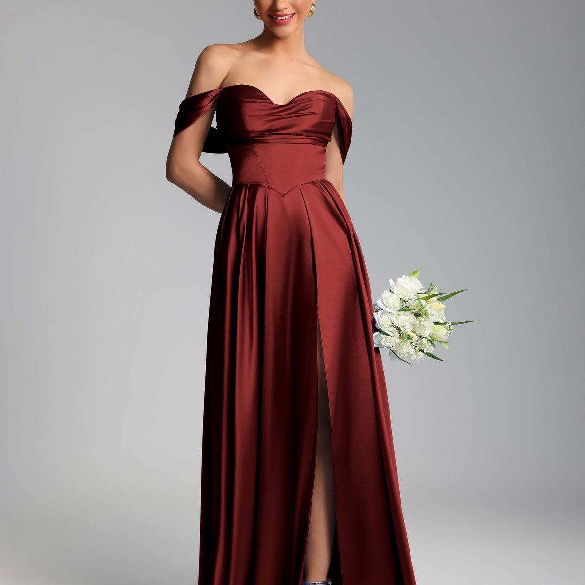 floor length formal dresses Fraelith Elegant Off the Shoulder Ruched Slit Floor Length Formal Dresses, Burgundy