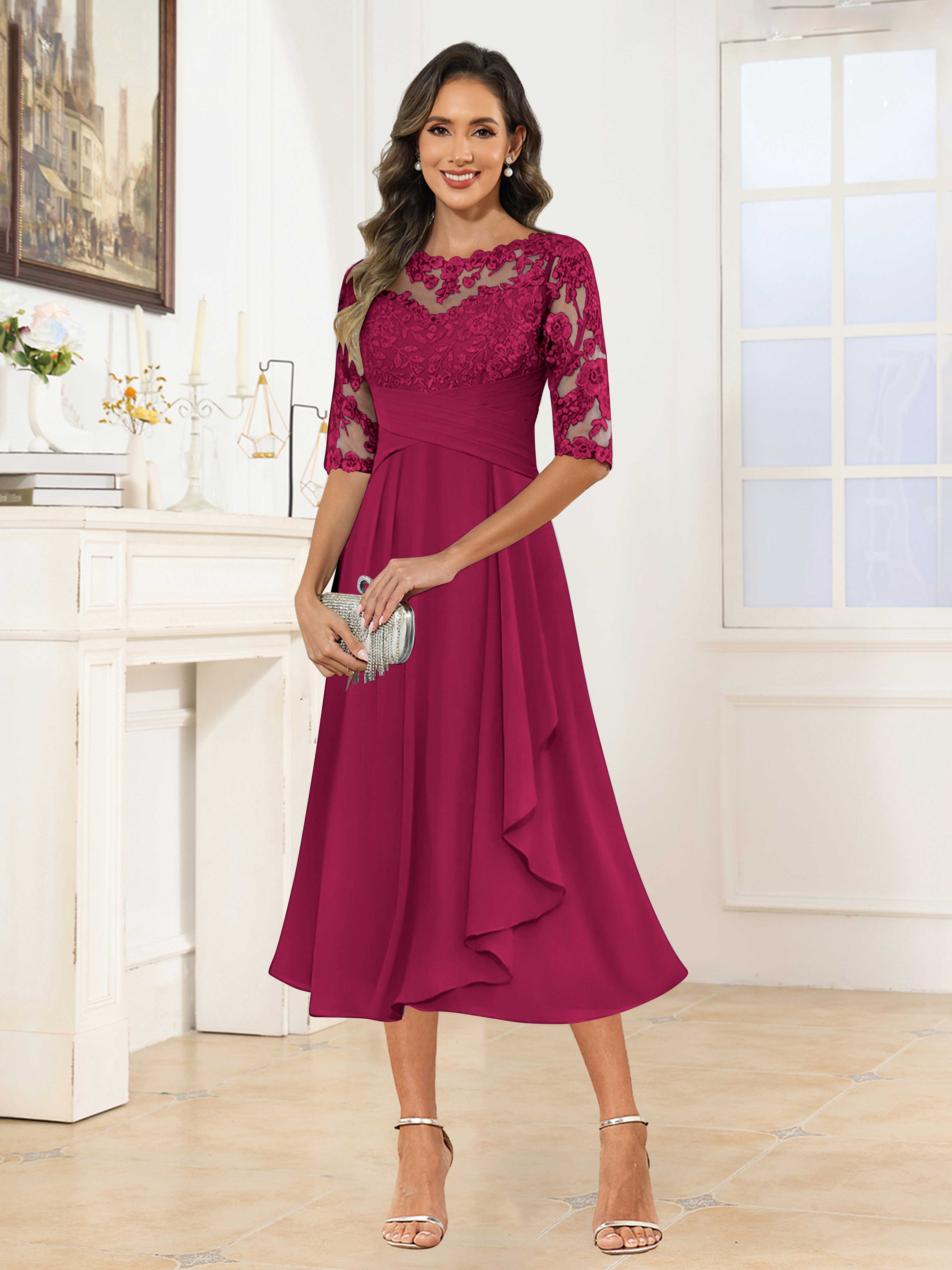Traelithra Charming Illusion Ruffles Lace Tea Length Chiffon Mother of the Bride Dresses