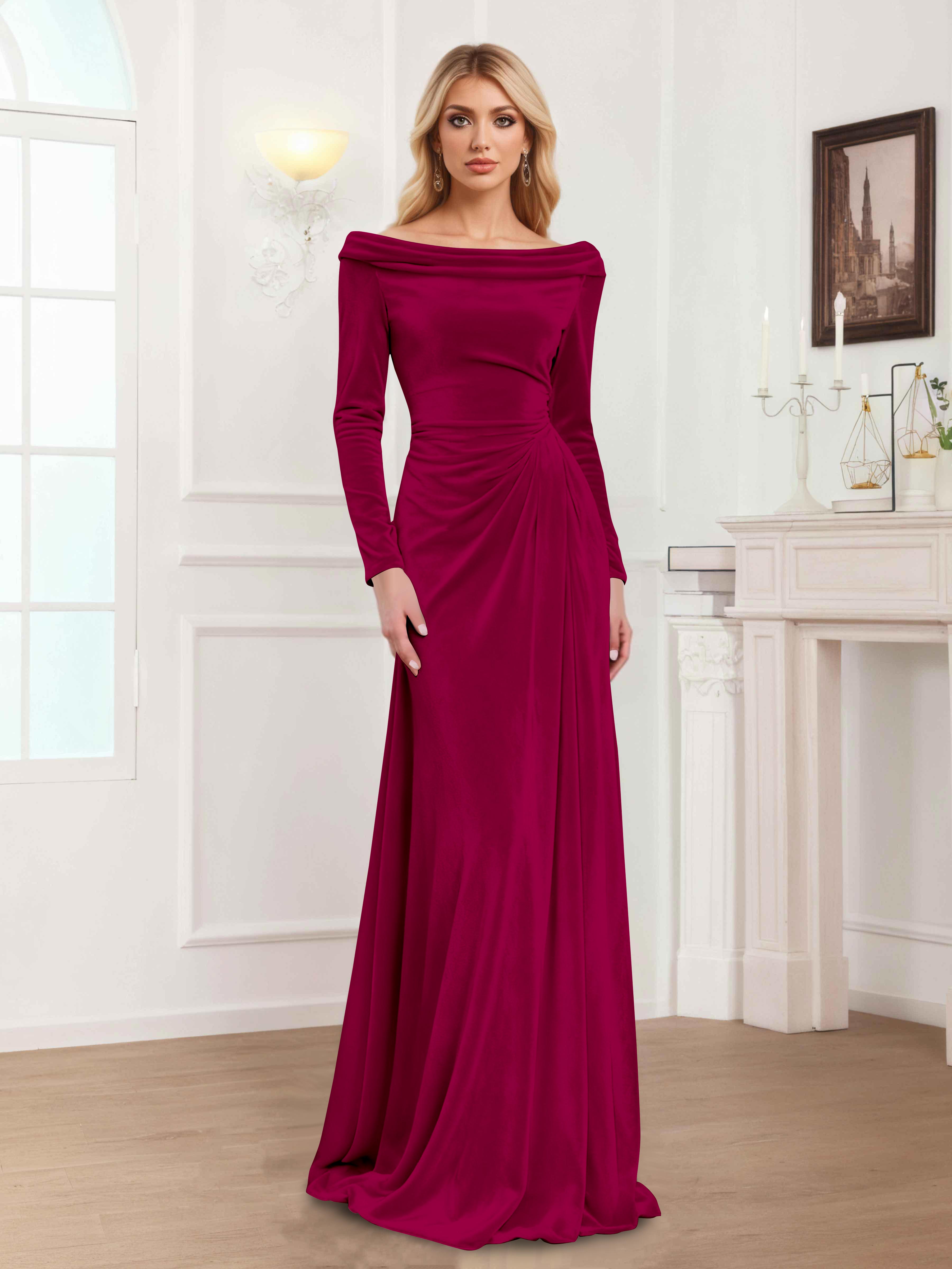 Zanna Modern Long Sleeves Ruched Long Velvet Mother Of The Bride Dresses