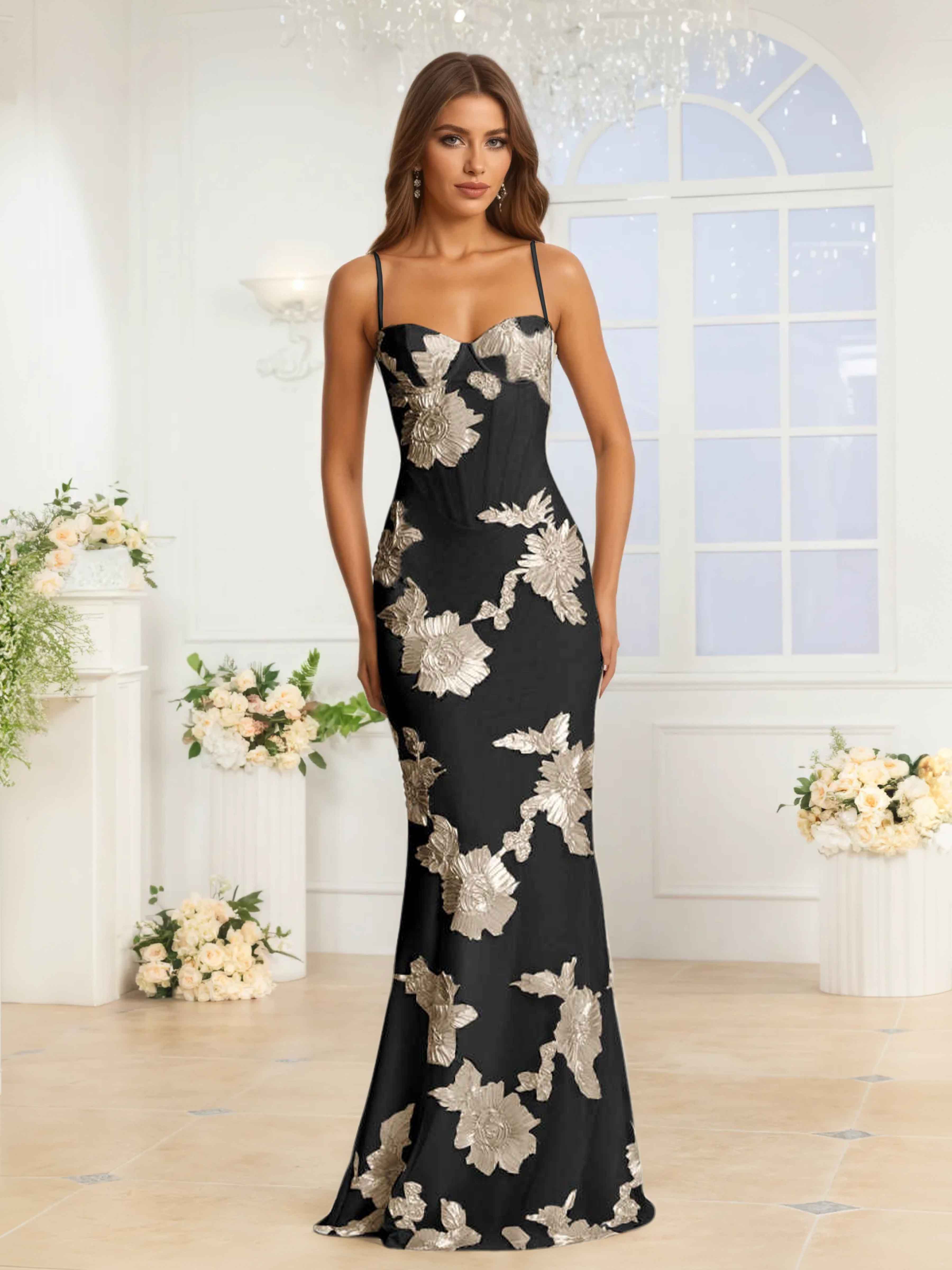 Galatea Delicate Spaghetti Straps Floral Ribbon Appliques Occasion Dresses