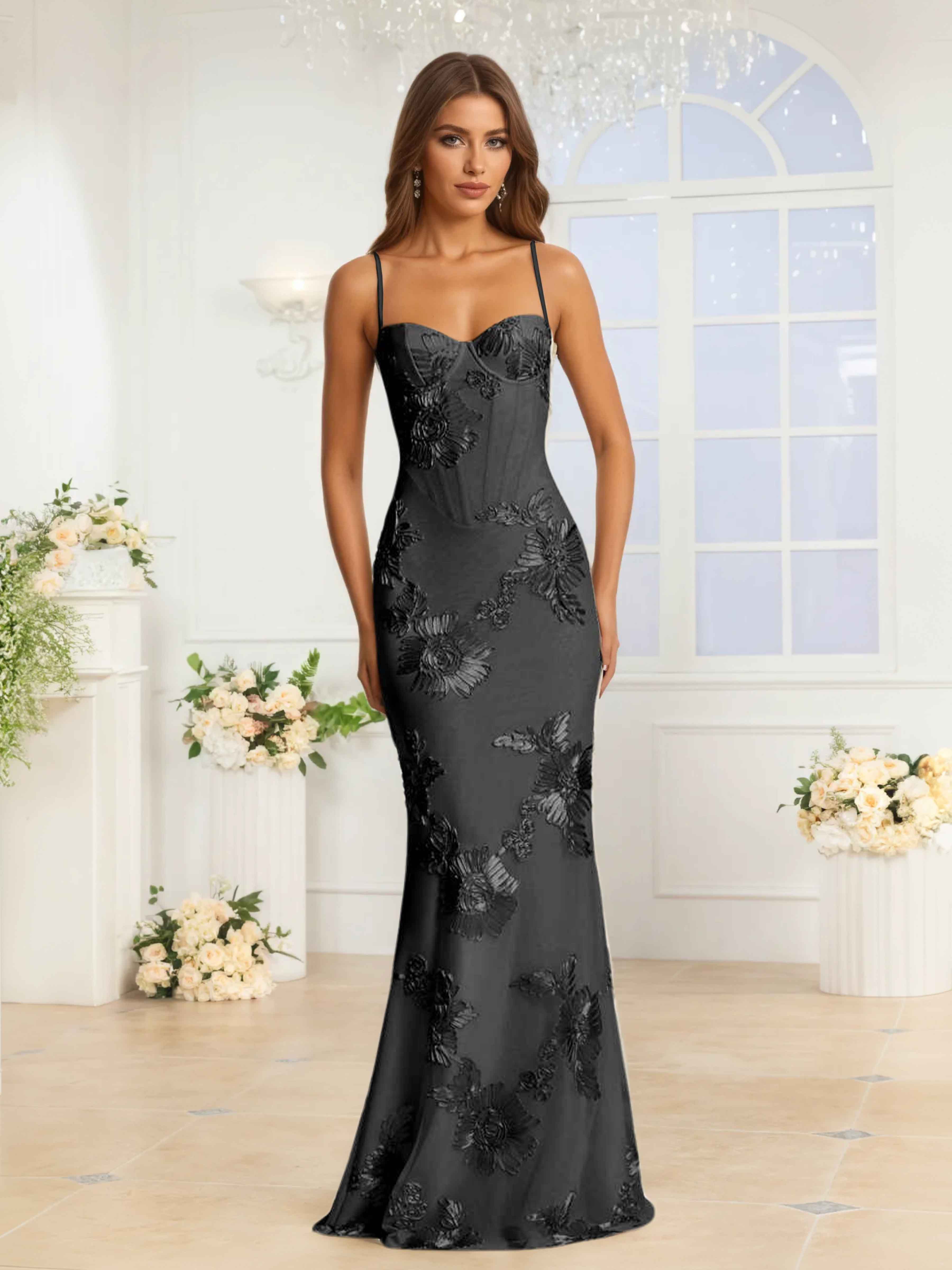 Galatea Delicate Spaghetti Straps Floral Ribbon Appliques Occasion Dresses