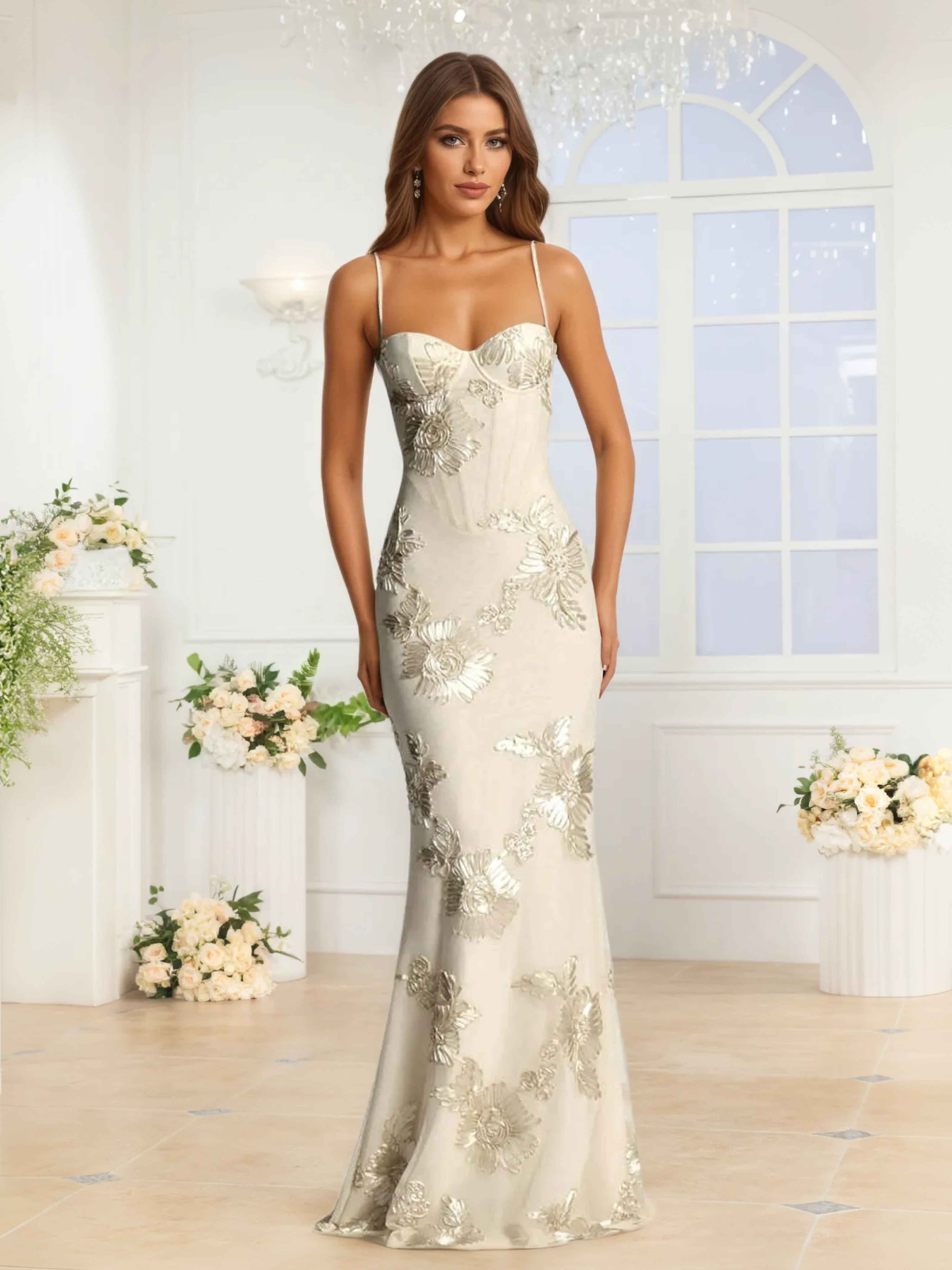 Galatea Delicate Spaghetti Straps Floral Ribbon Appliques Occasion Dresses