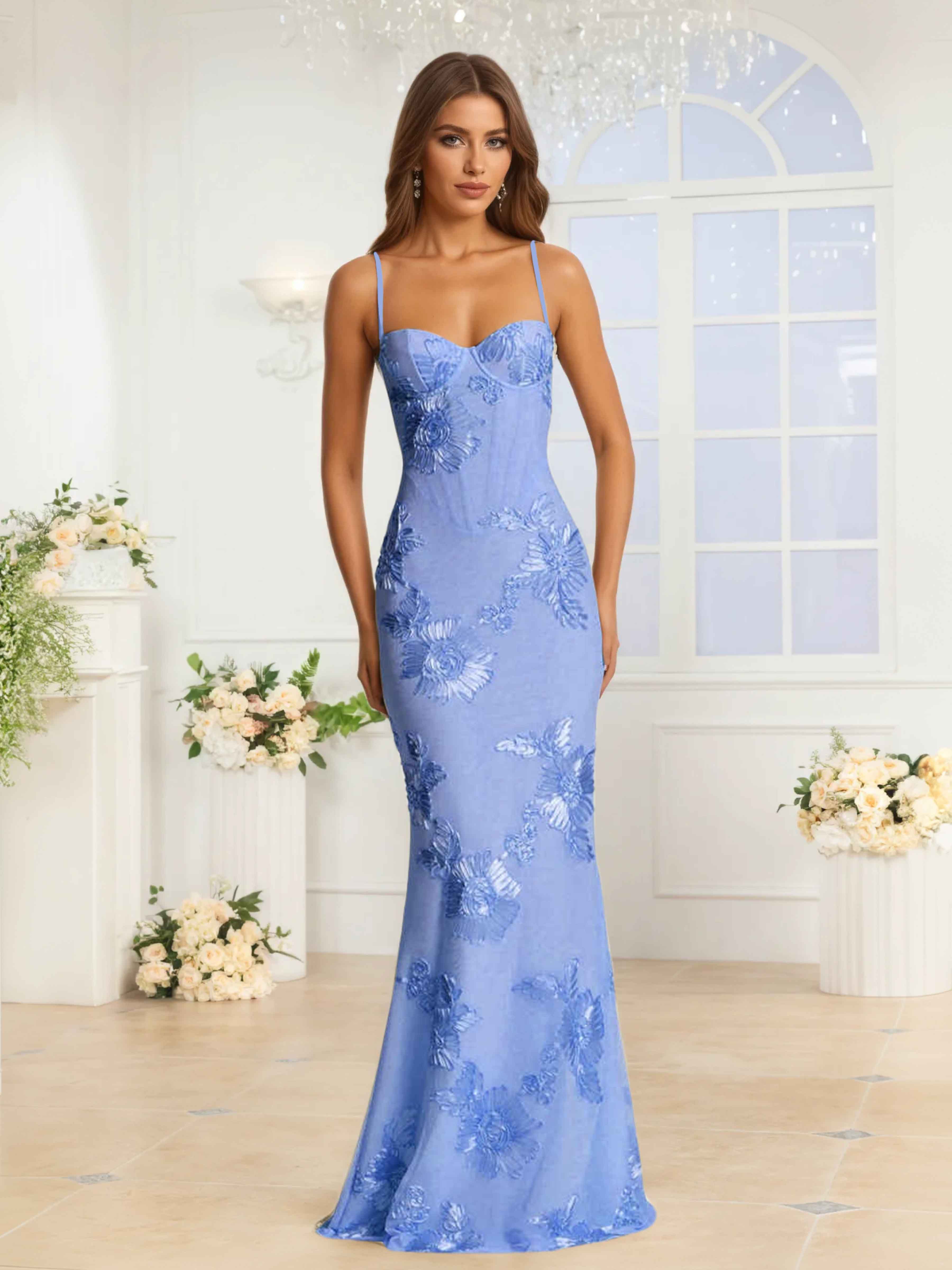 Galatea Delicate Spaghetti Straps Floral Ribbon Appliques Occasion Dresses
