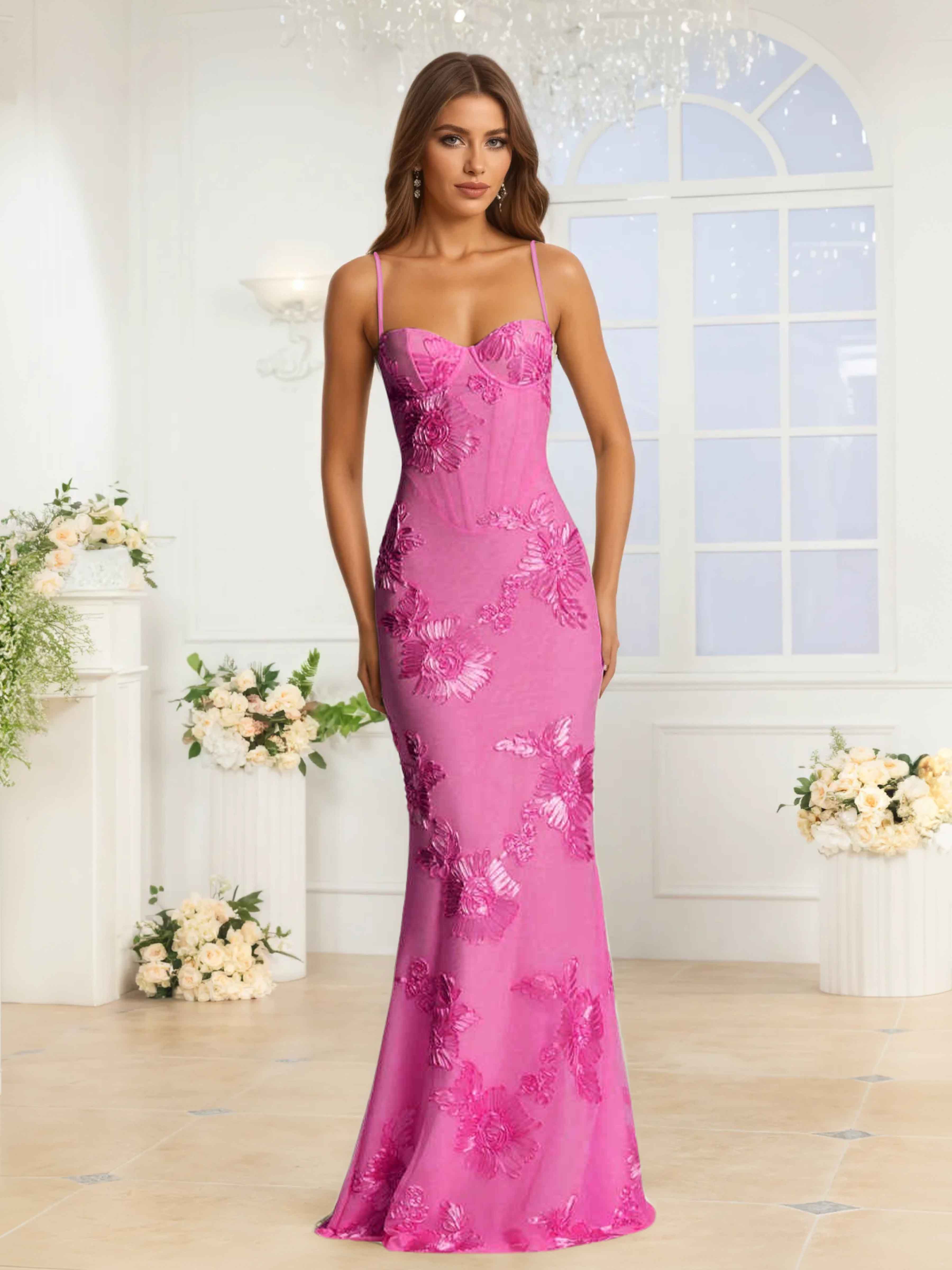 Galatea Delicate Spaghetti Straps Floral Ribbon Appliques Occasion Dresses