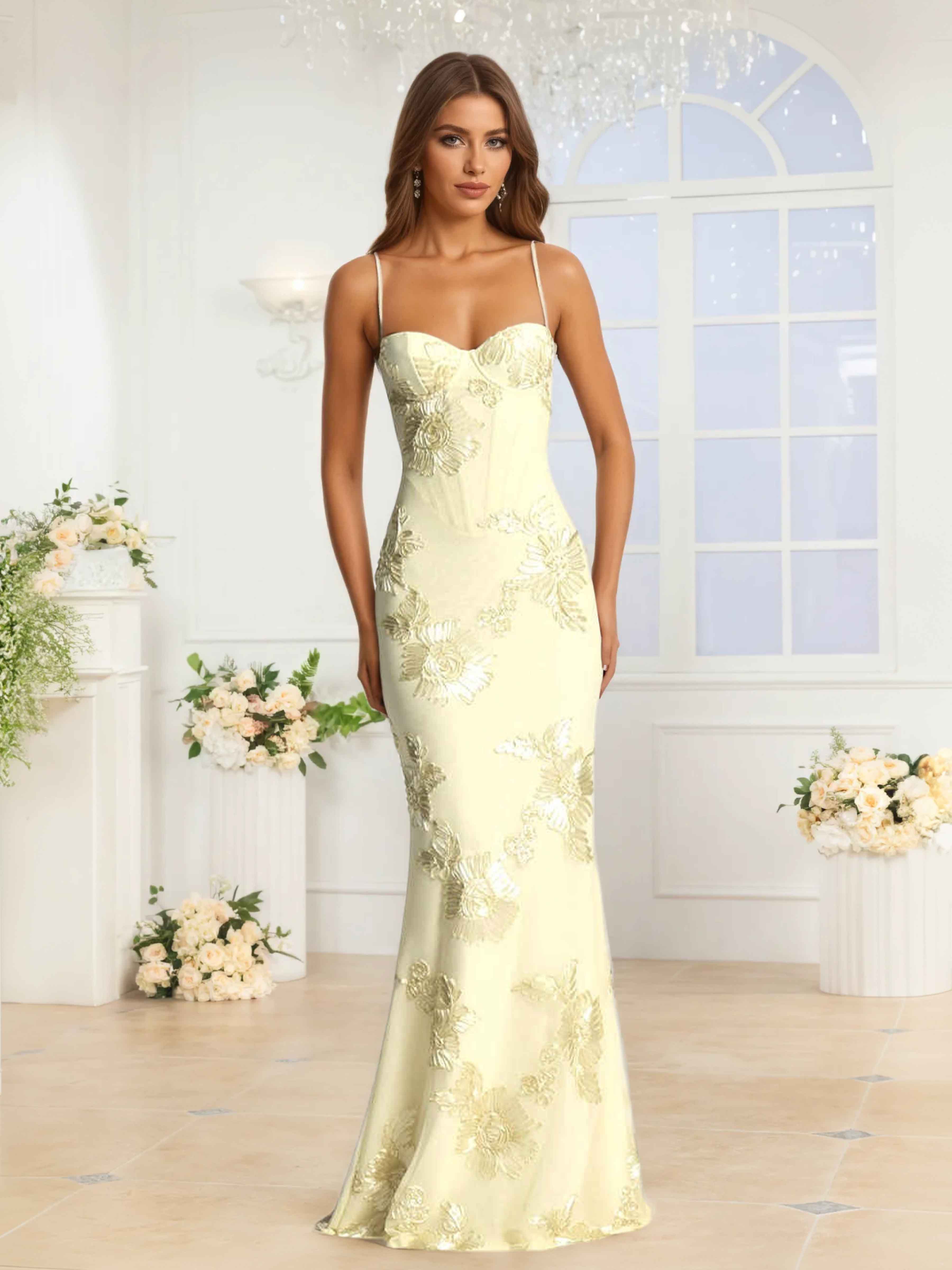 Galatea Delicate Spaghetti Straps Floral Ribbon Appliques Occasion Dresses