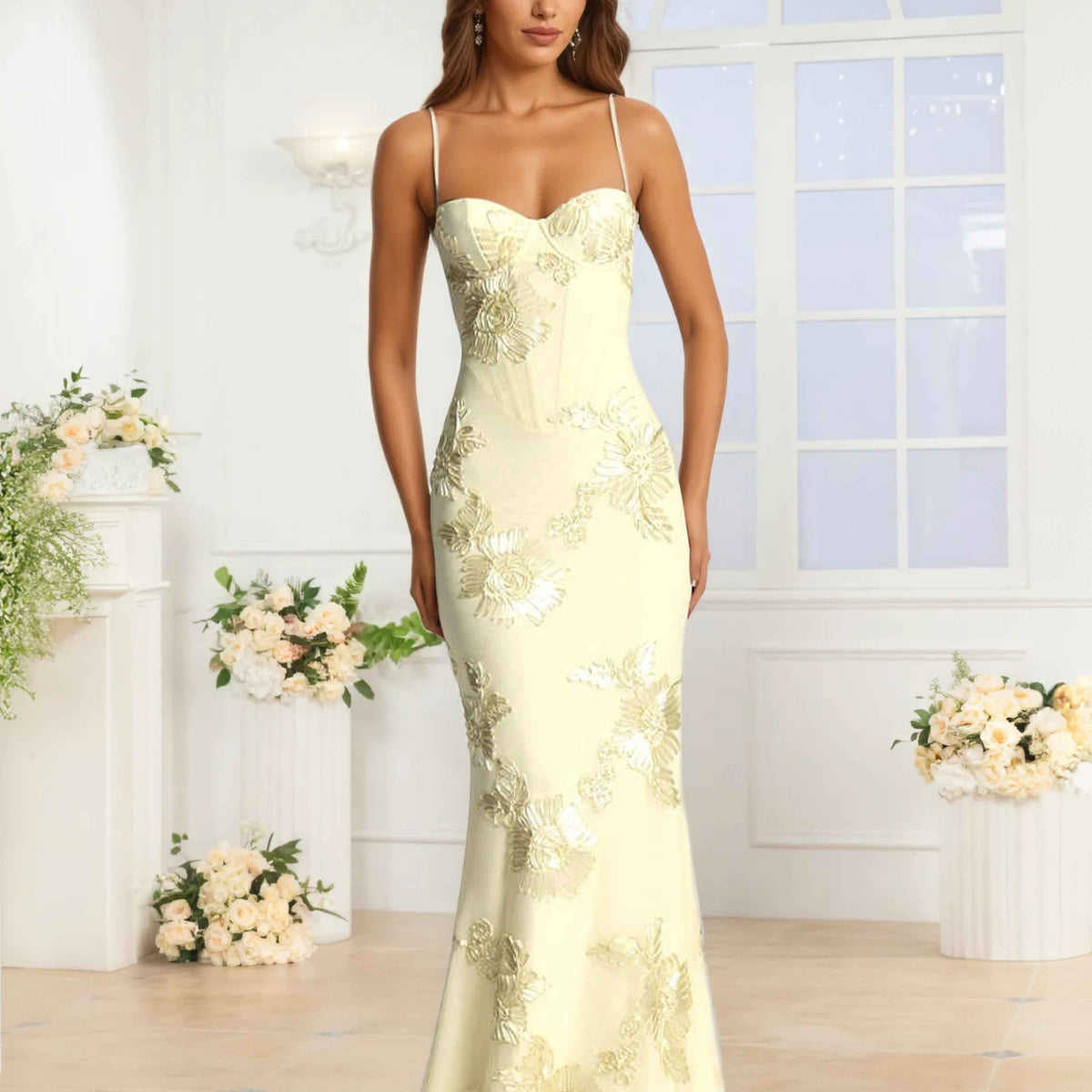Galatea Delicate Spaghetti Straps Floral Ribbon Appliques Occasion Dresses, Hot Pink