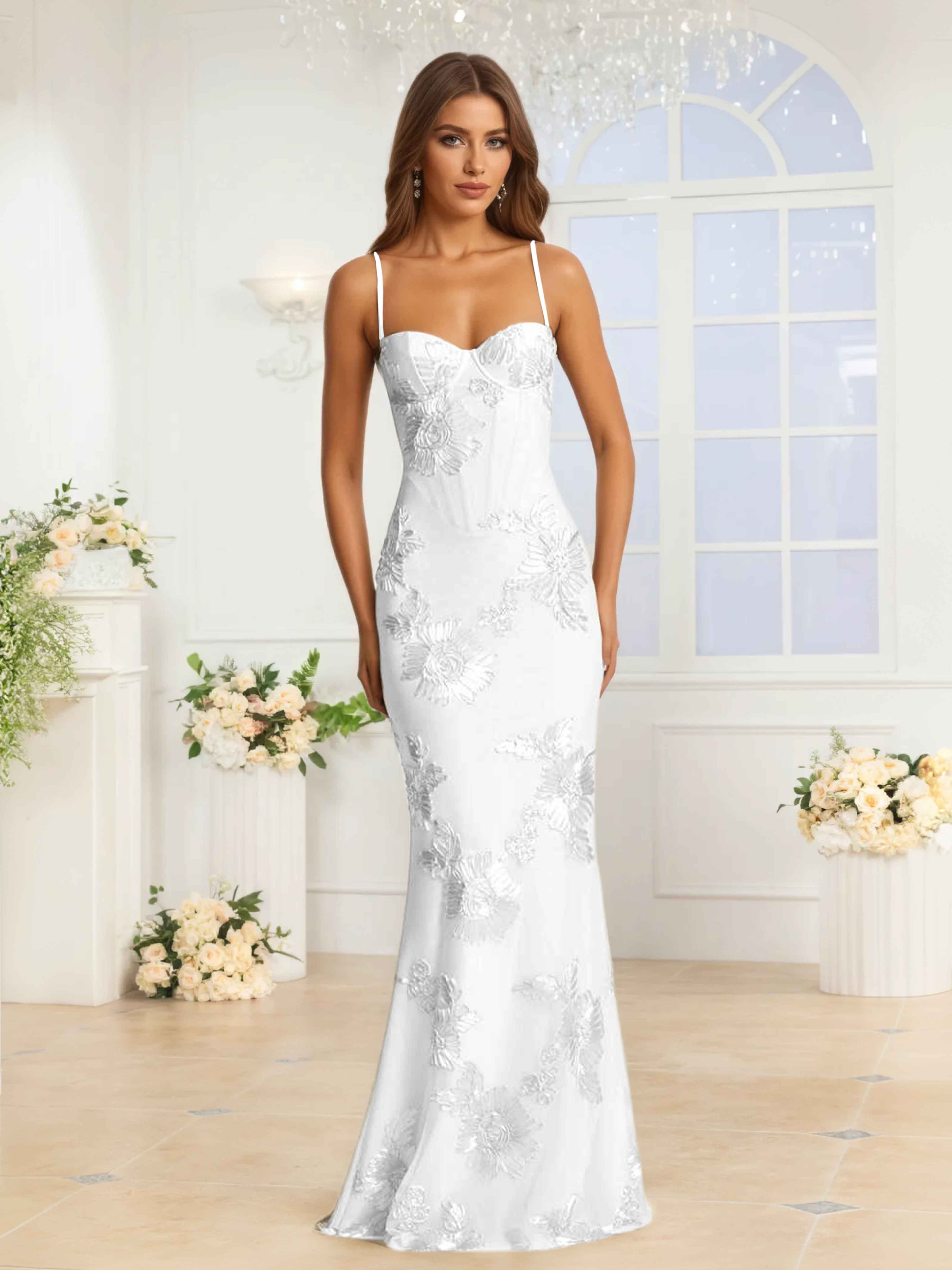 Galatea Delicate Spaghetti Straps Floral Ribbon Appliques Occasion Dresses