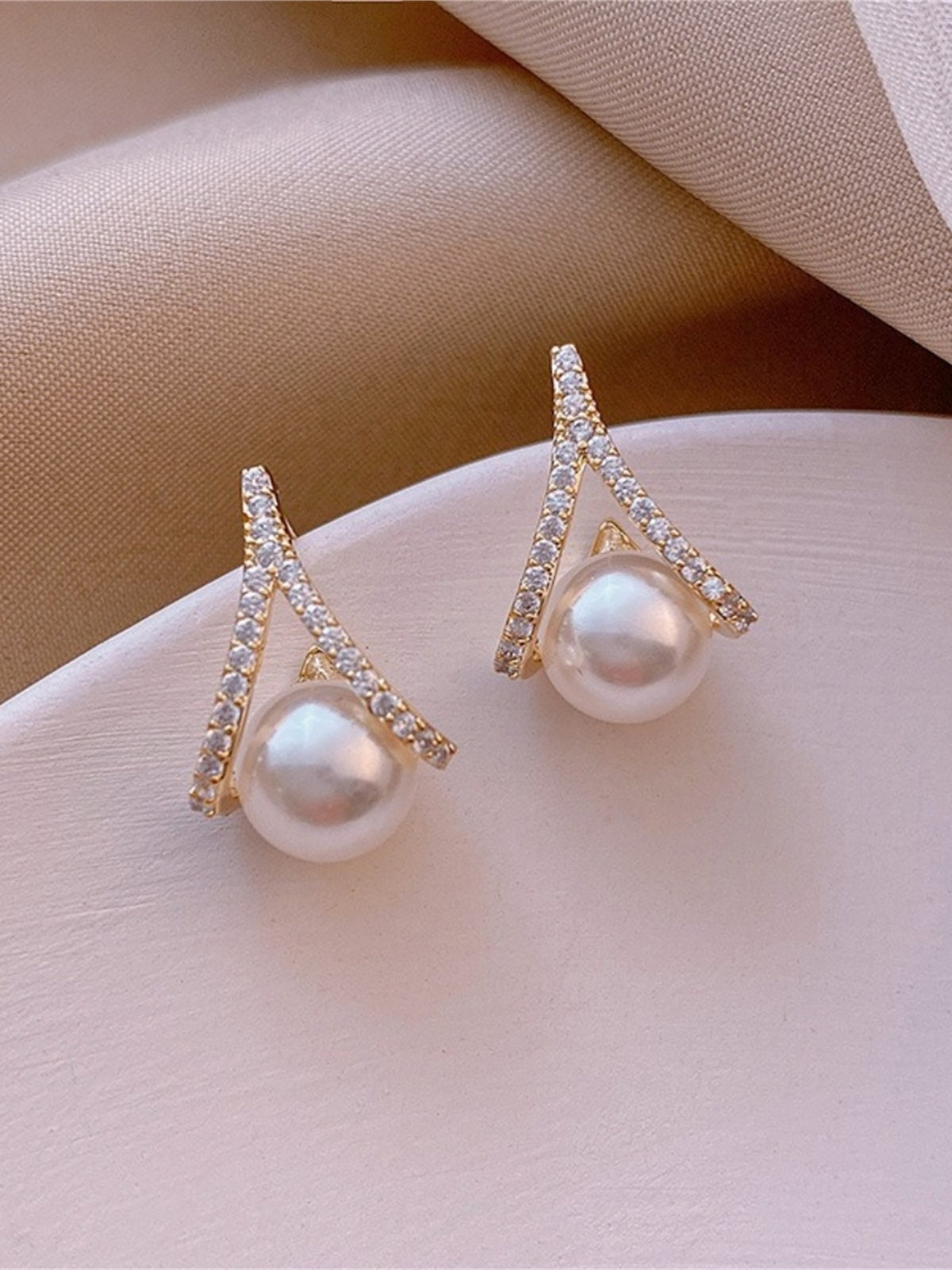 Gold Pearl Crystal Bridal Stud Earrings