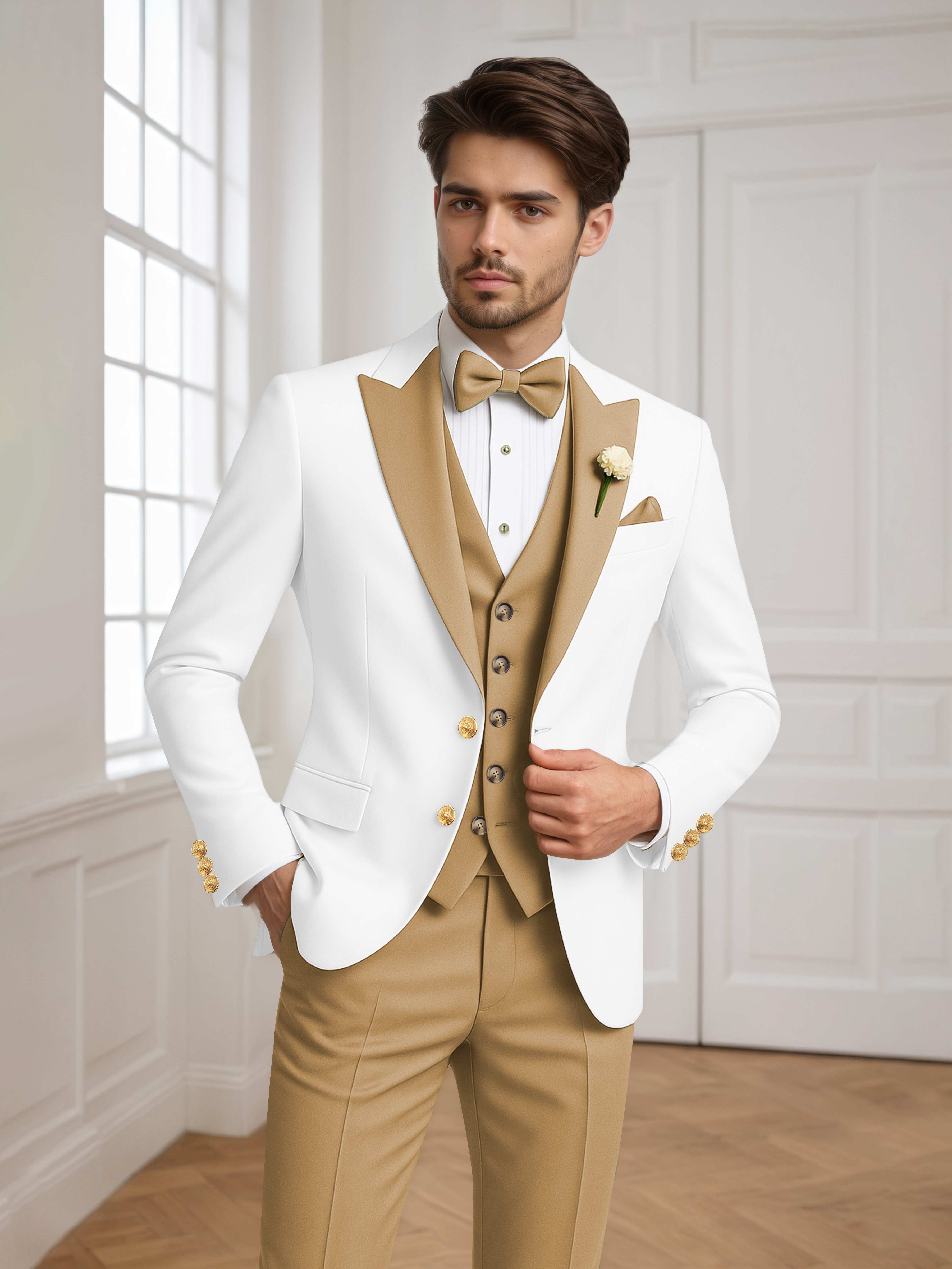 Color Block Peak Lapel Men's 3 Pieces Suit for Groom Wedding & Prom, Gold Color Block Peak Lapel Men's 3 Pieces Suit for Groom Wedding & Prom, Gold