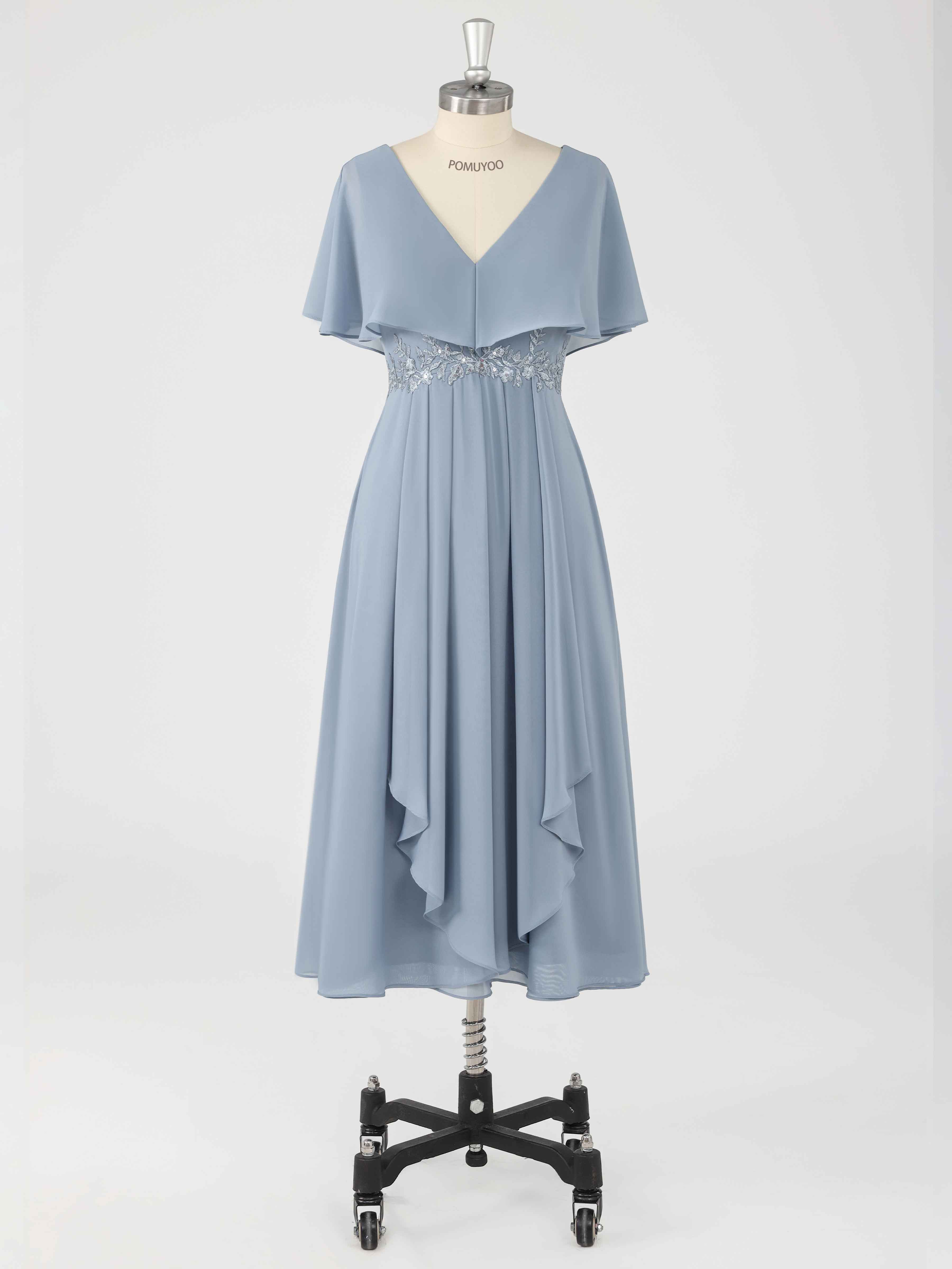Graceful V Neck Appliques Tea Length Chiffon Mother of the Bride Dresses